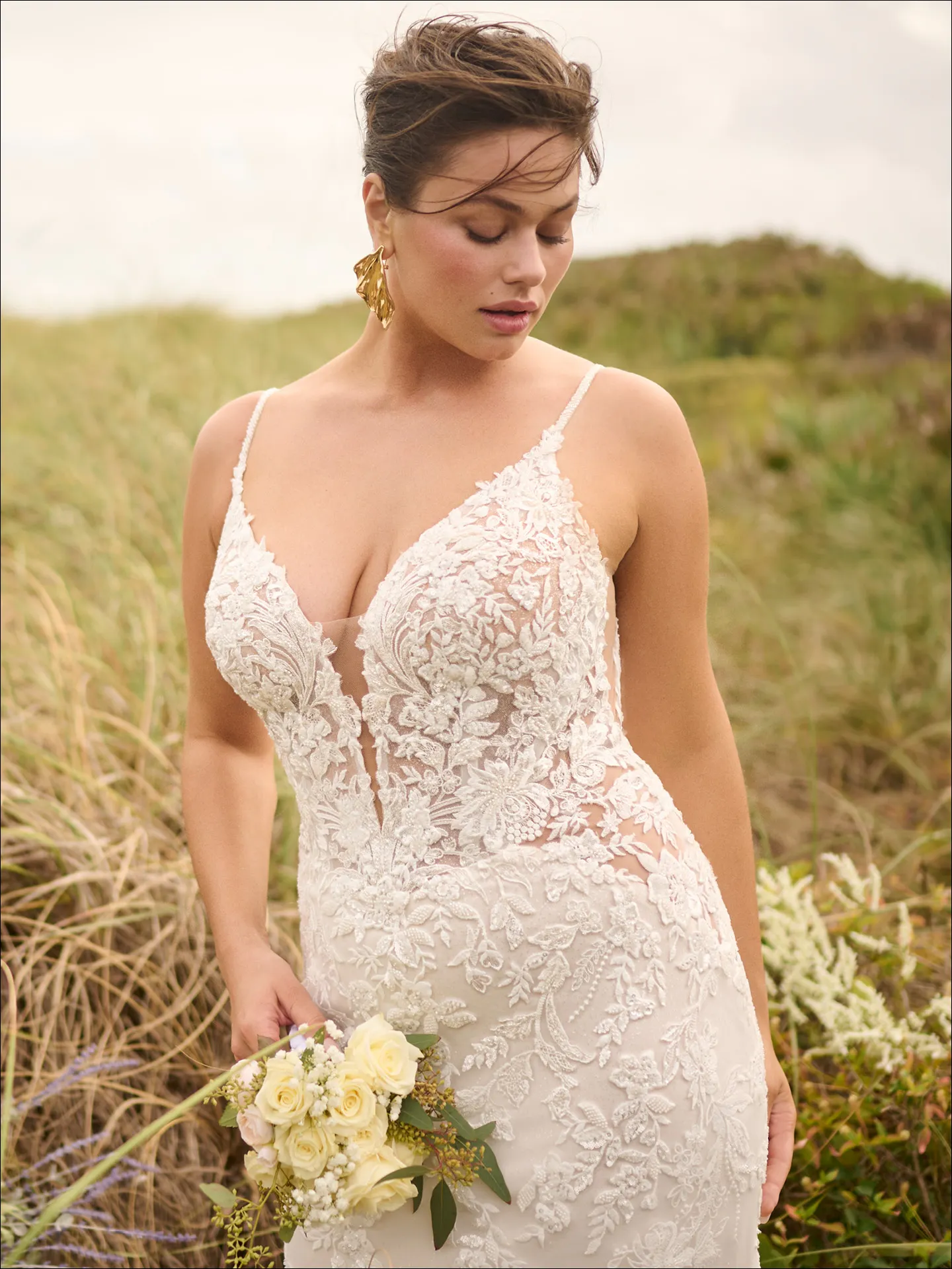 Maggie Sottero Bianca front view in nature, beaded floral fit-and-flare dress