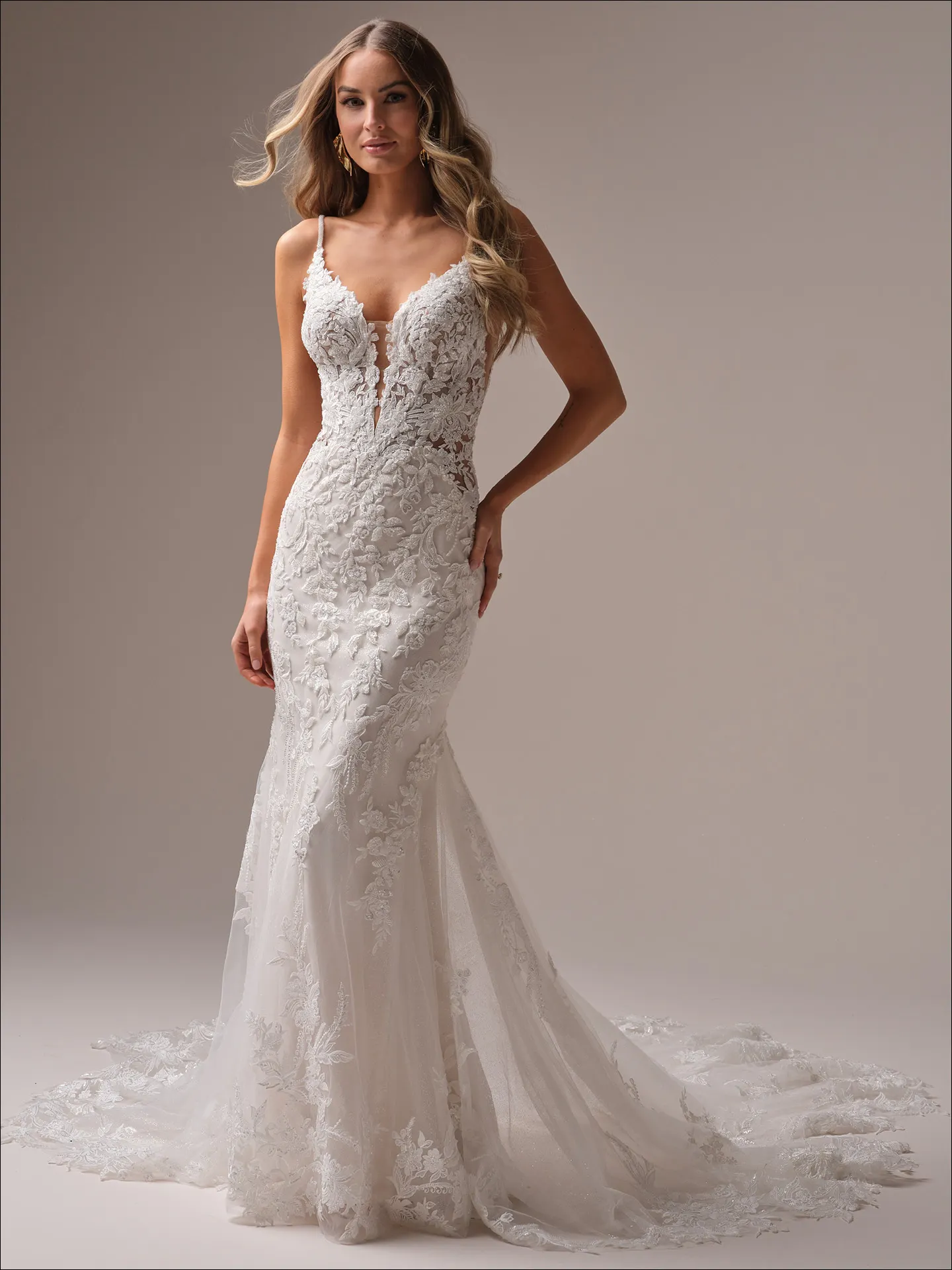 Maggie Sottero Bianca front view, beaded fit-and-flare gown with plunge neckline