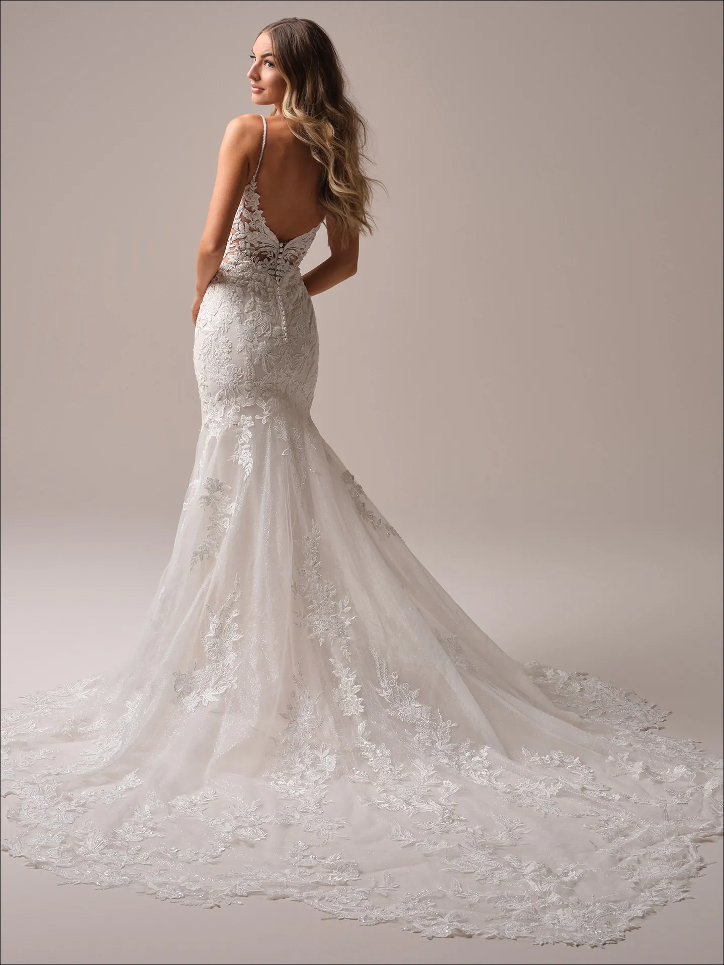 Bianca fit-and-flare dress back view, lace train, Maggie Sottero