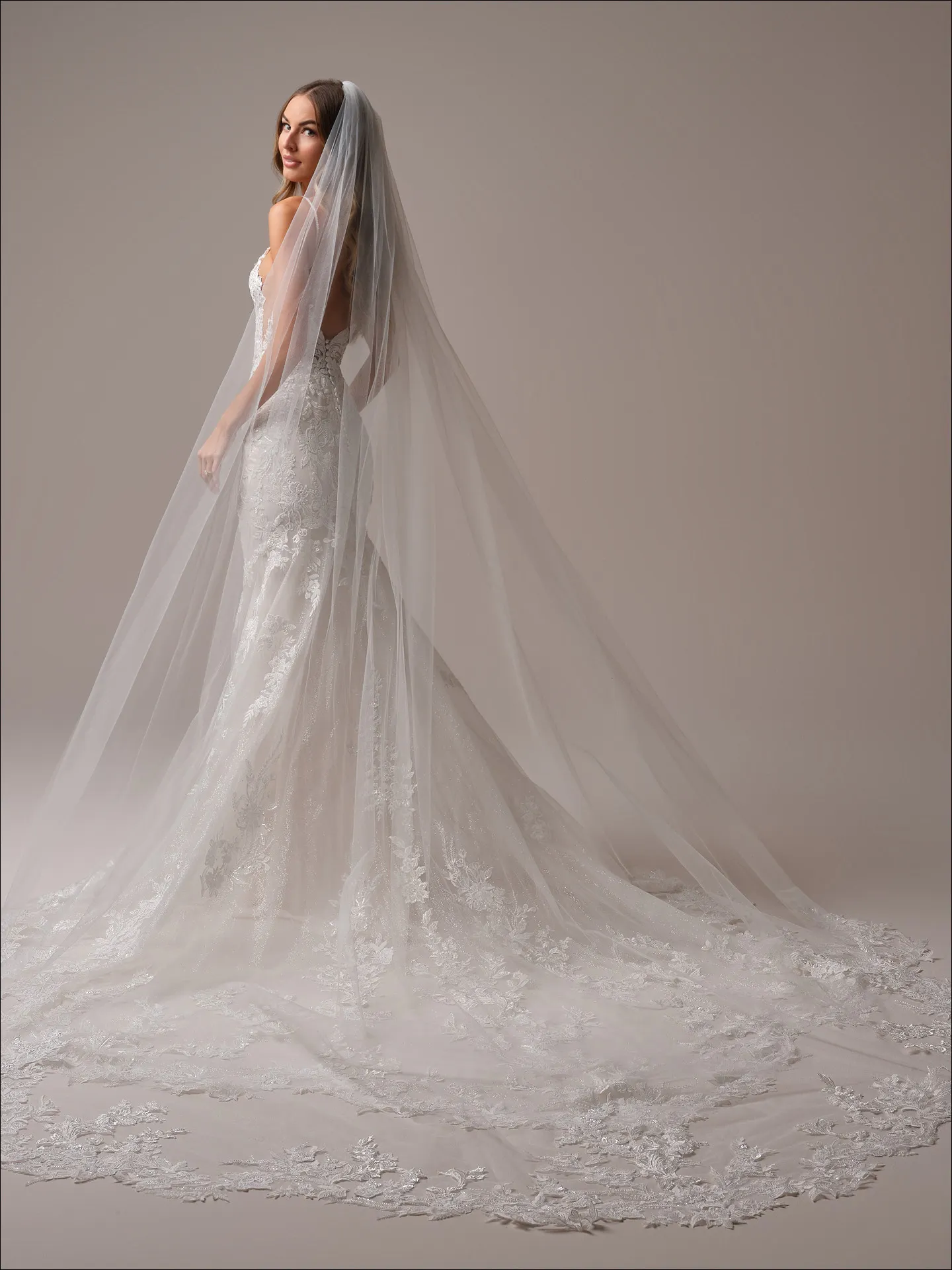 Maggie Sottero Bianca back view fit-and-flare gown with veil and lace train