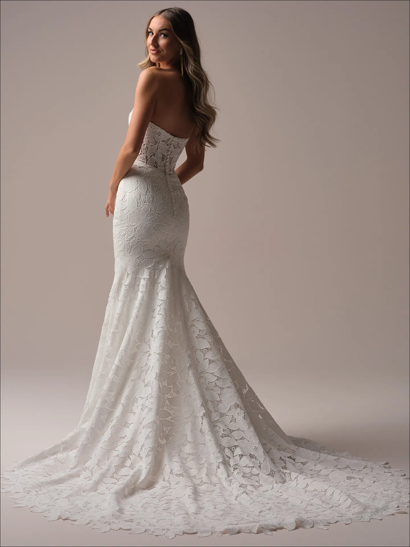 Dakota boho lace mermaid bridal dress back view Maggie Sottero