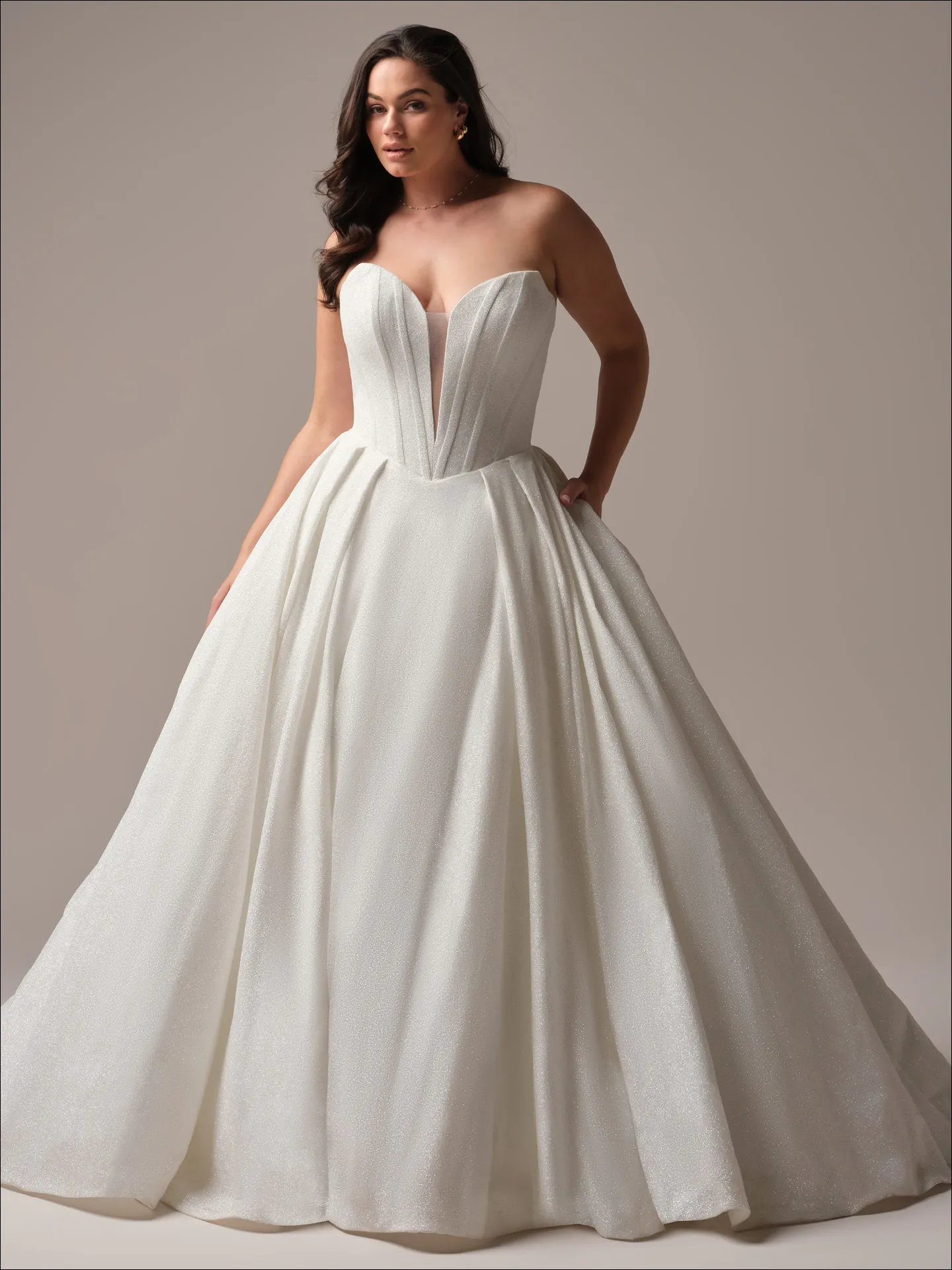 Derrick Royale sparkly plunge neck ballgown dress front view Maggie Sottero