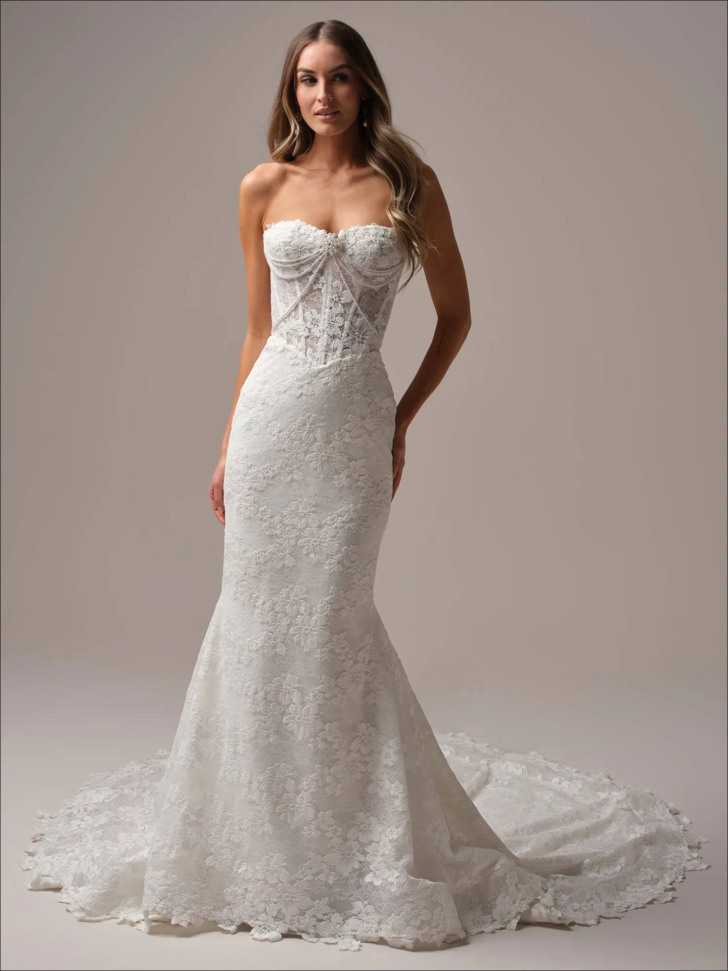 Maggie Sottero Devon front view elegant lace mermaid wedding dress