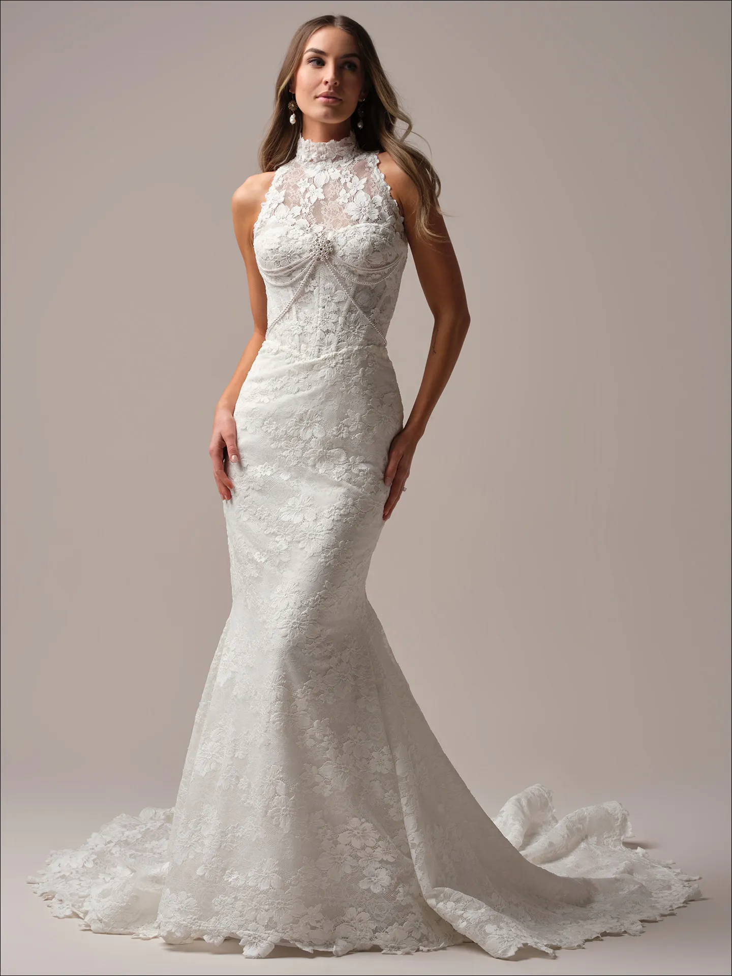 Maggie Sottero Devon front view lace halter mermaid wedding dress