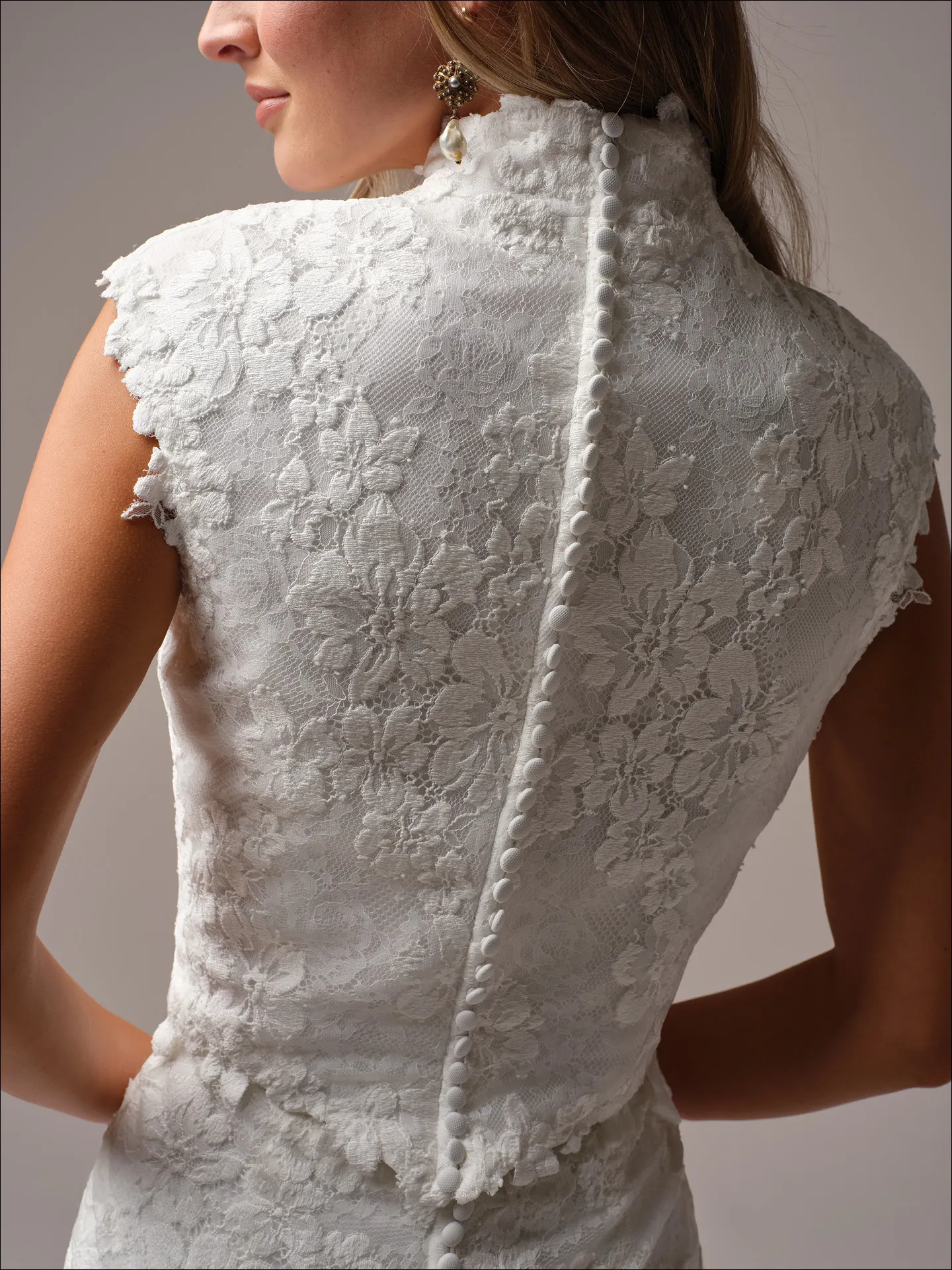 Devon lace pearl button back view Maggie Sottero mermaid wedding dress