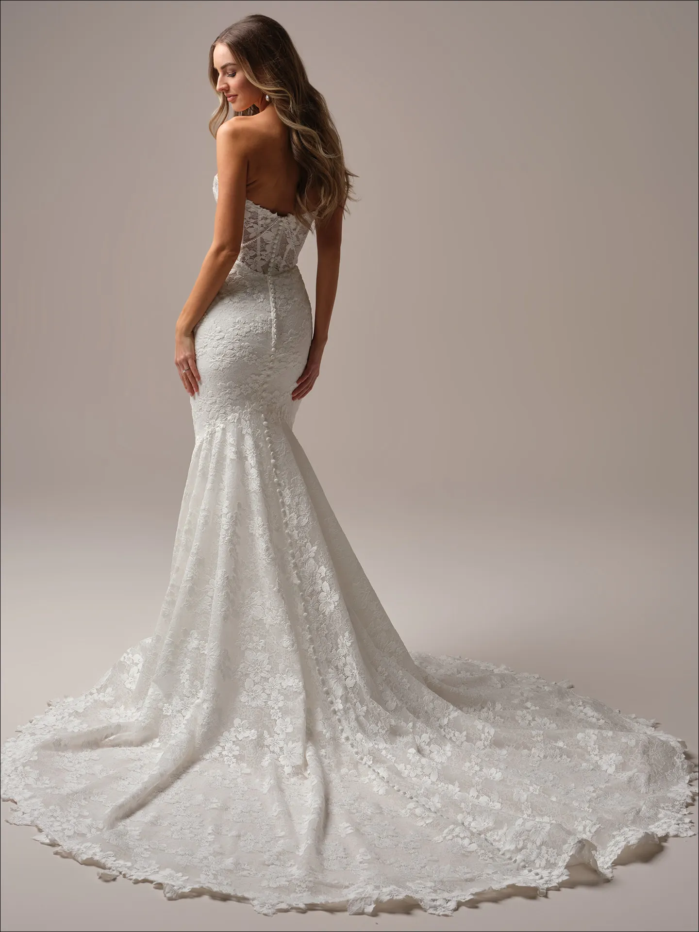 Maggie Sottero Devon back view lace mermaid wedding dress with pearl corset detail