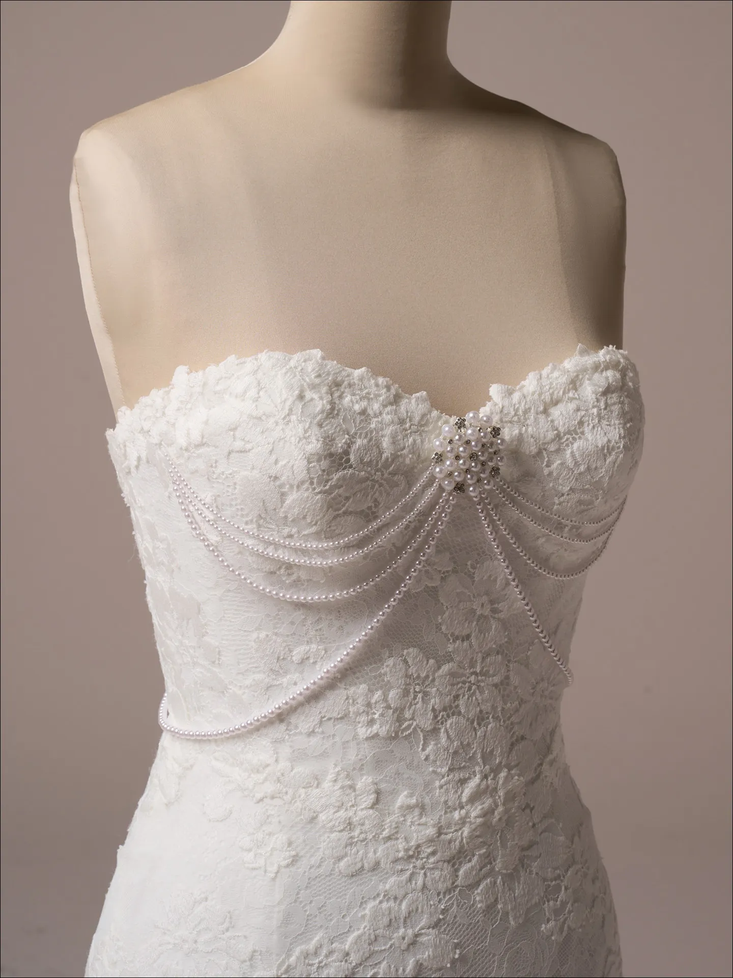 Maggie Sottero Devon lace corset with pearl accents front view