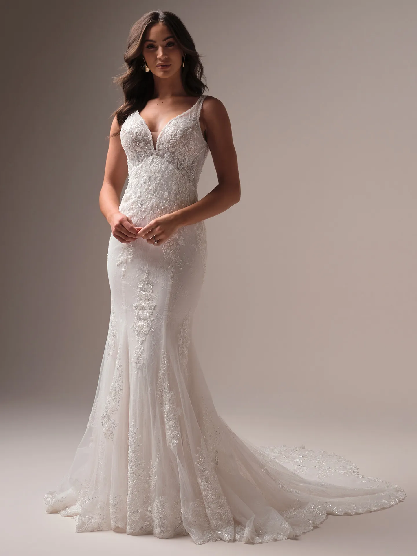 Maggie Sottero Eloise front view, beaded lace fit-and-flare wedding dress