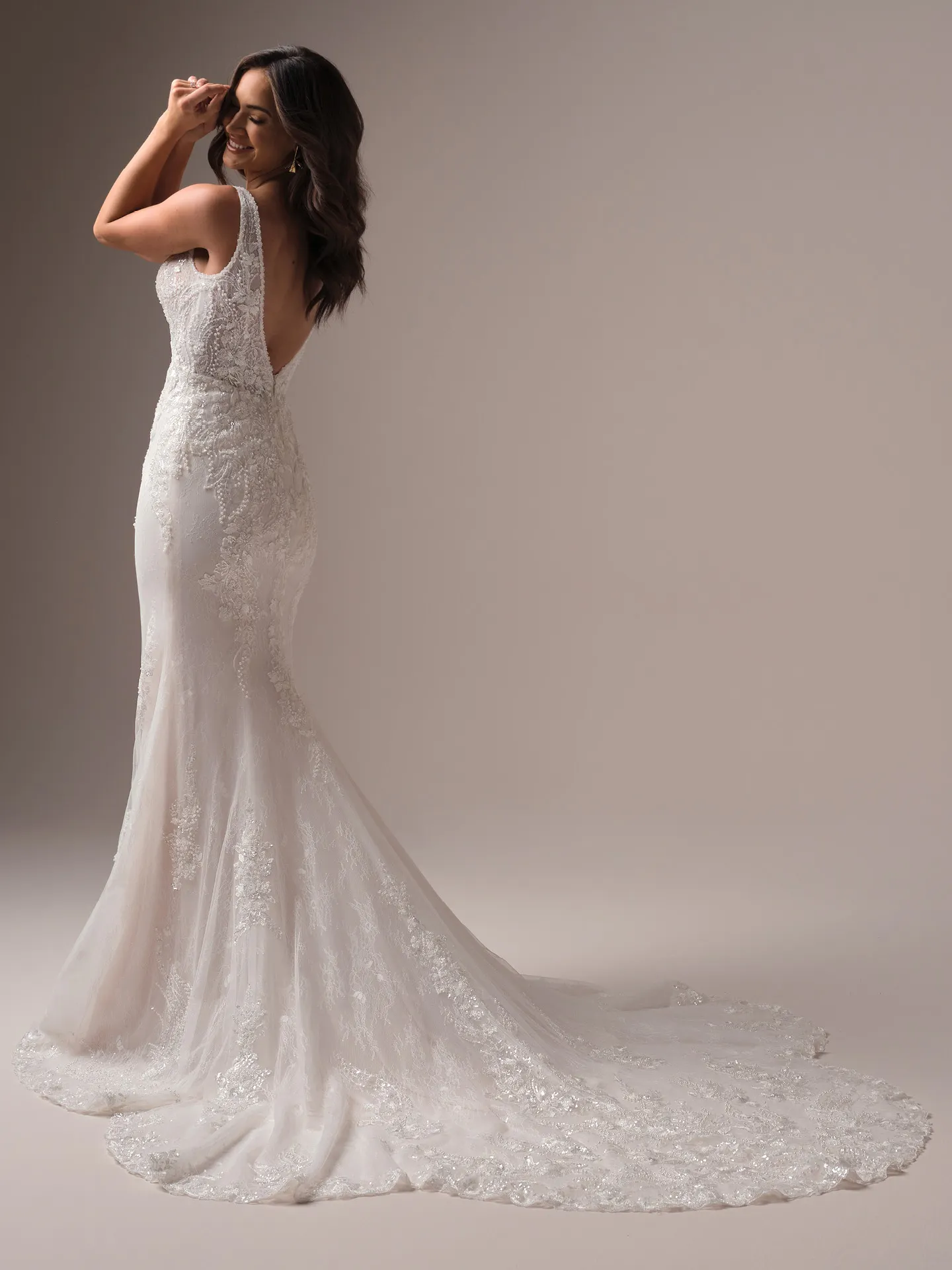 Eloise fit-and-flare back view beaded lace with train Maggie Sottero