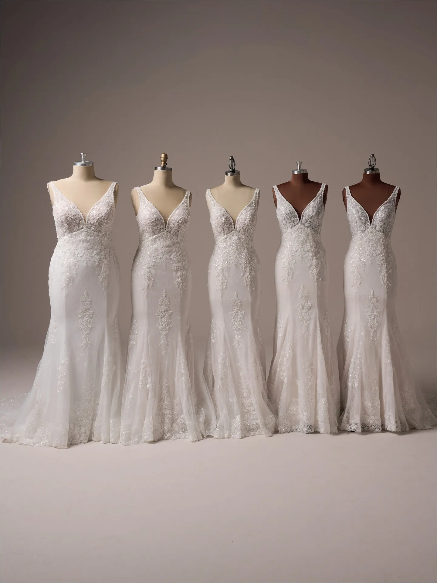 Eloise beaded lace fit-and-flare dress front view on mannequins Maggie Sottero