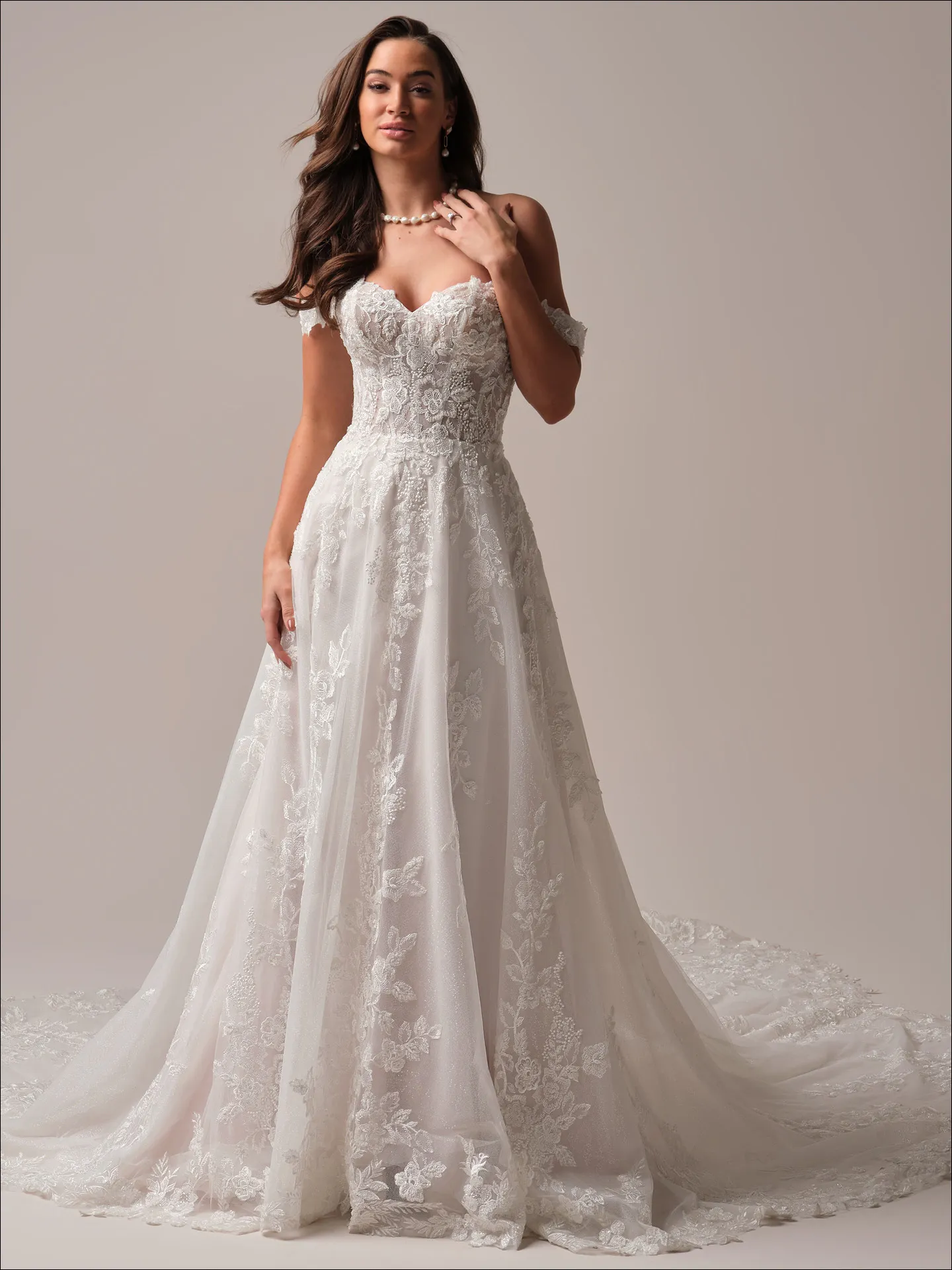 Everleigh front view off-shoulder lace A-line dress Maggie Sottero