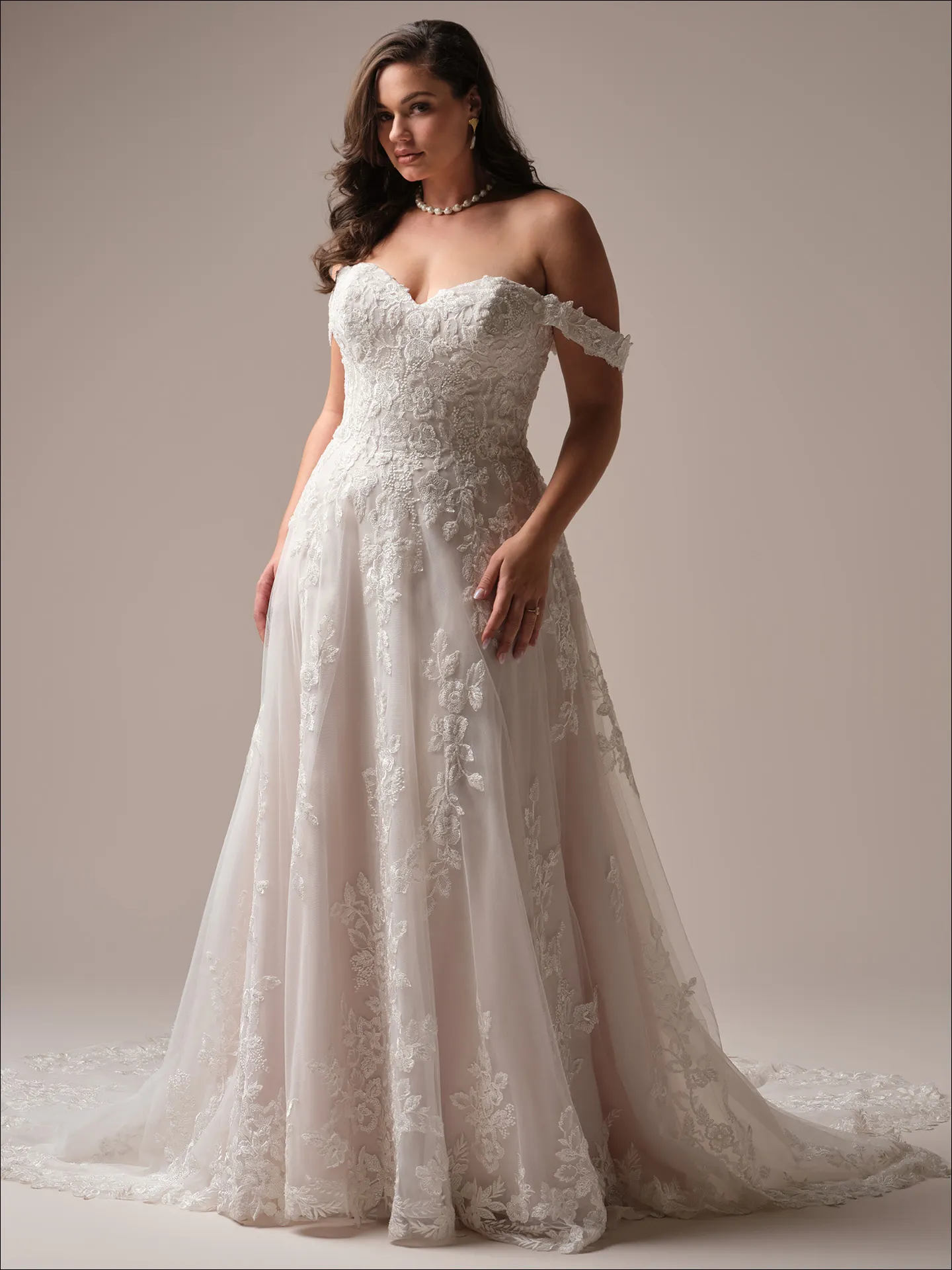 Maggie Sottero Everleigh off-shoulder lace A-line bridal dress front view
