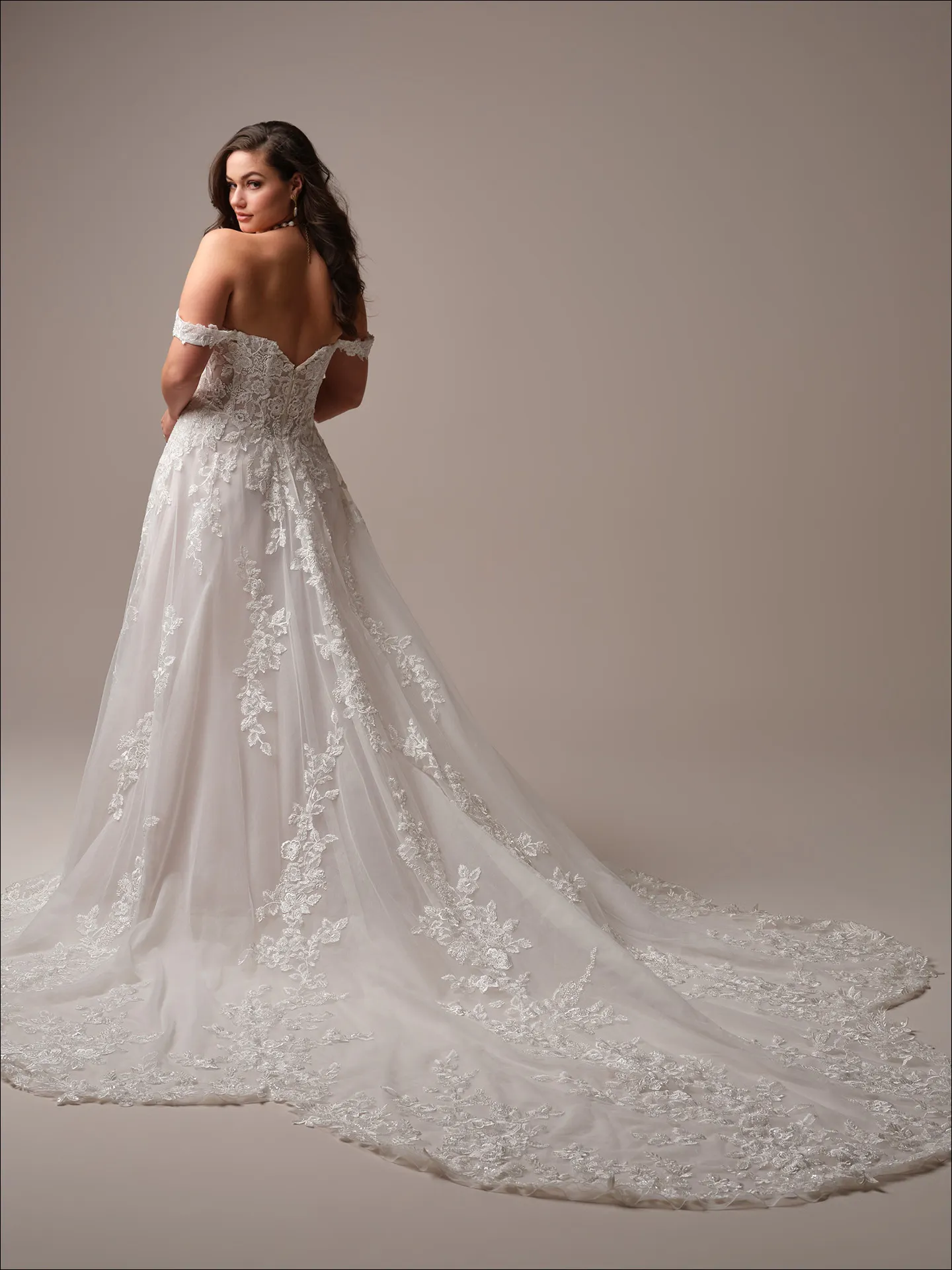 Maggie Sottero Everleigh back view lace A-line wedding dress with train