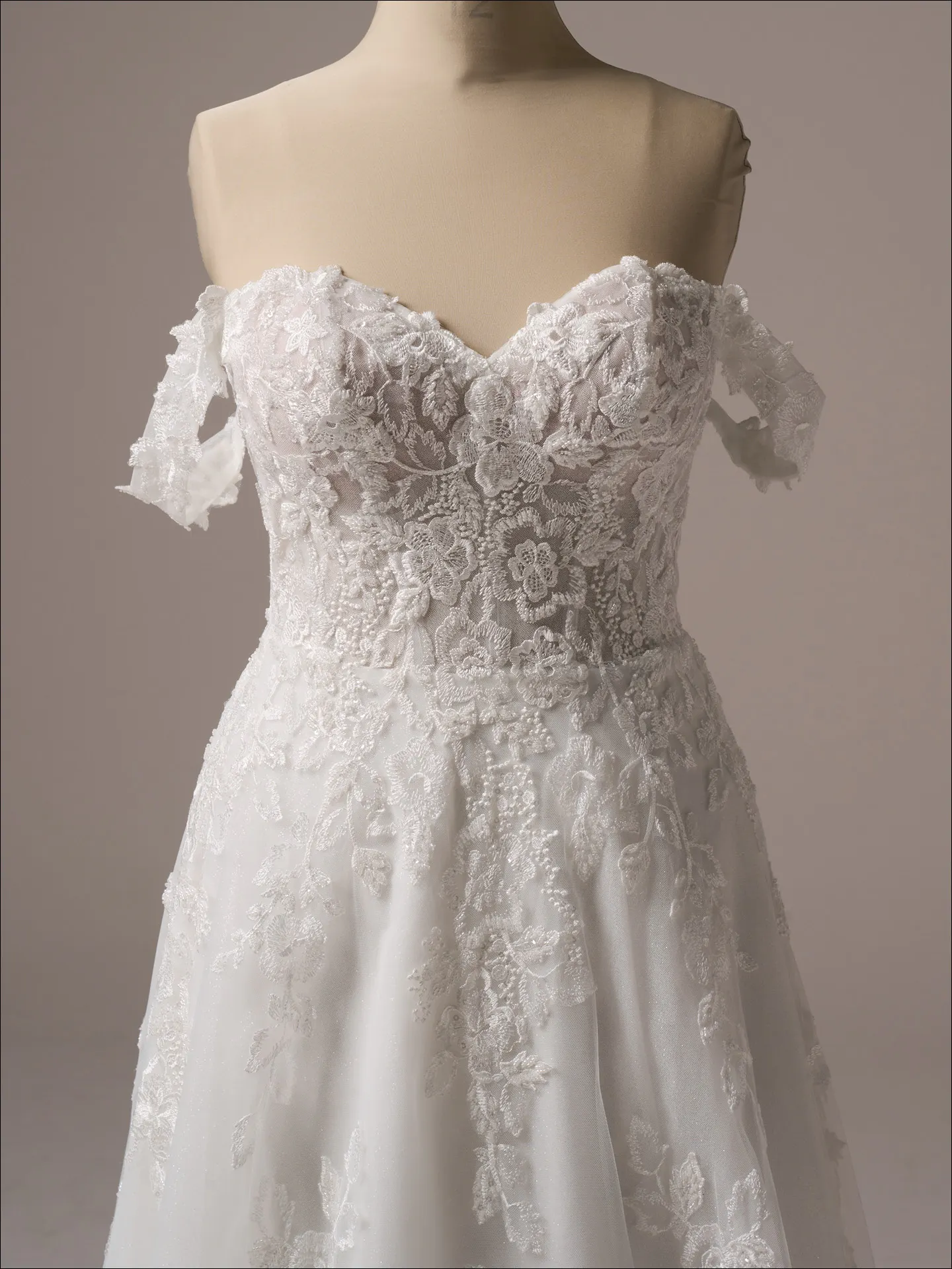 Maggie Sottero Everleigh lace off-shoulder A-line dress front view