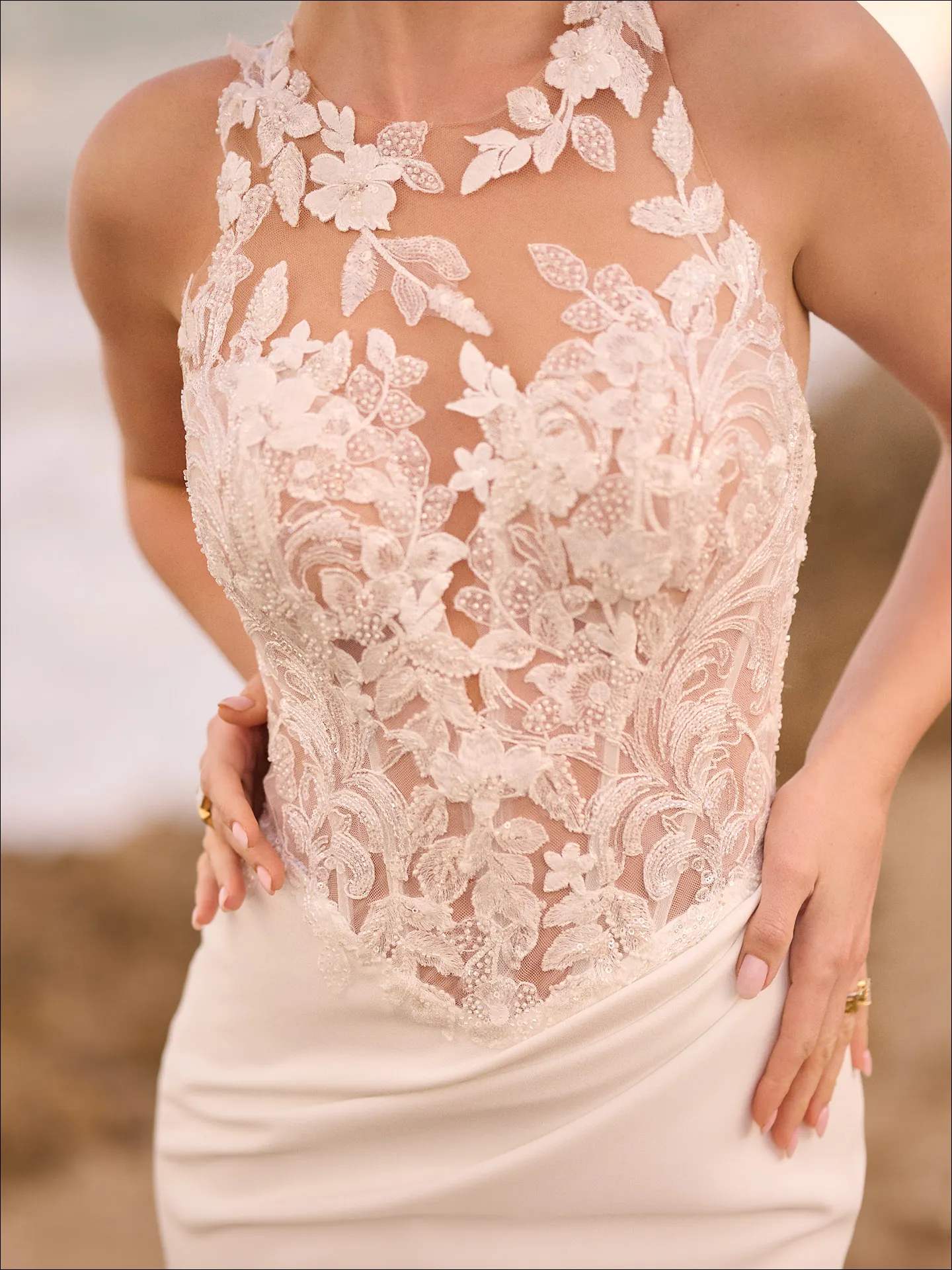 Maggie Sottero Florentina front view, lace applique halter neck wedding gown