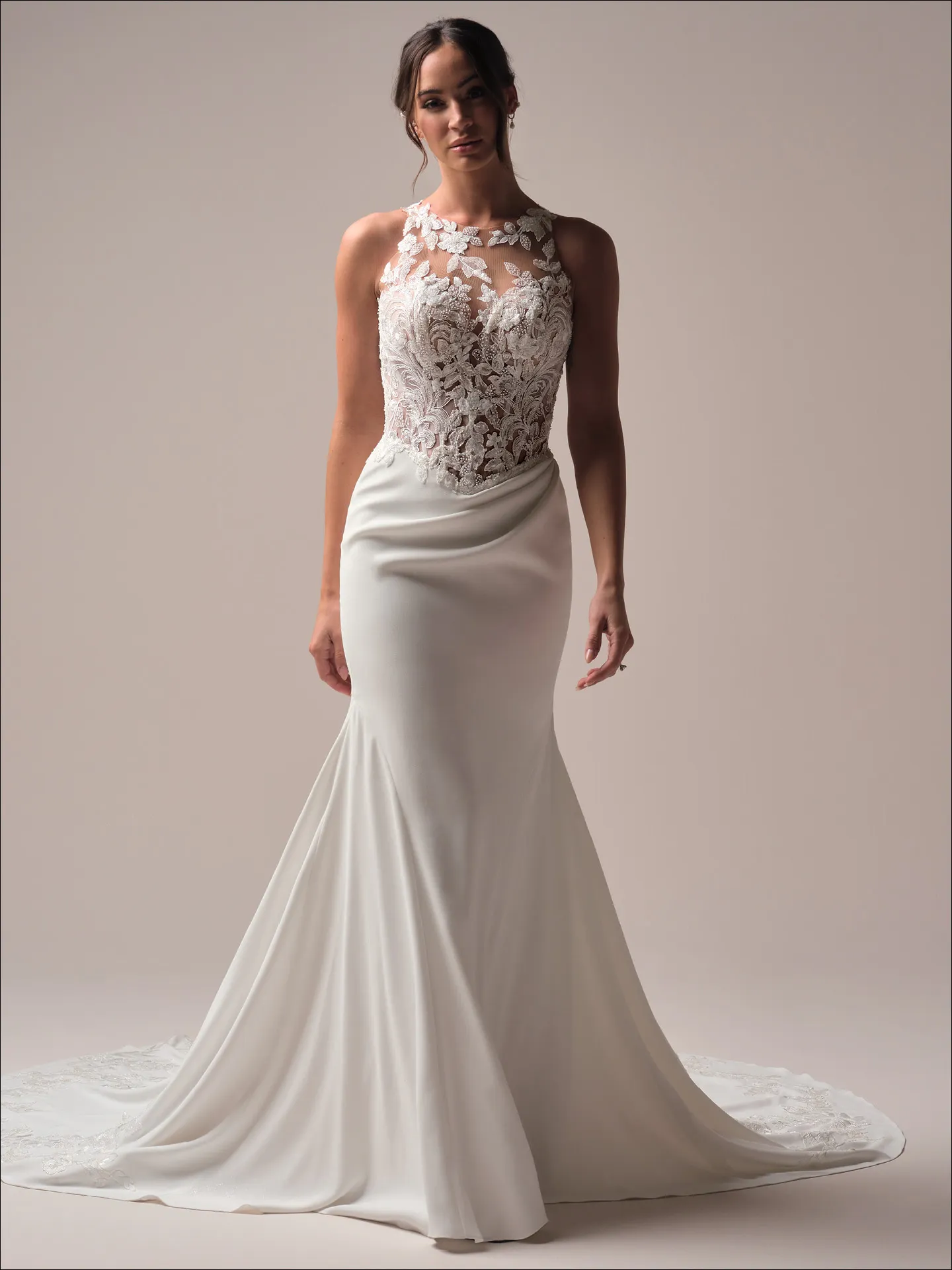 Maggie Sottero Florentina front view wedding dress with halter neck and lace fit-and-flare design