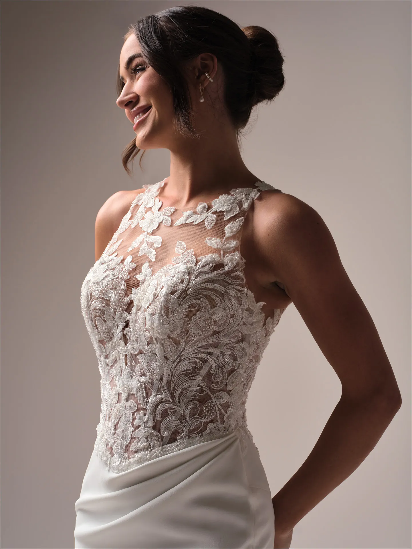 Maggie Sottero Florentina front view, lace halter neck fit-and-flare wedding gown