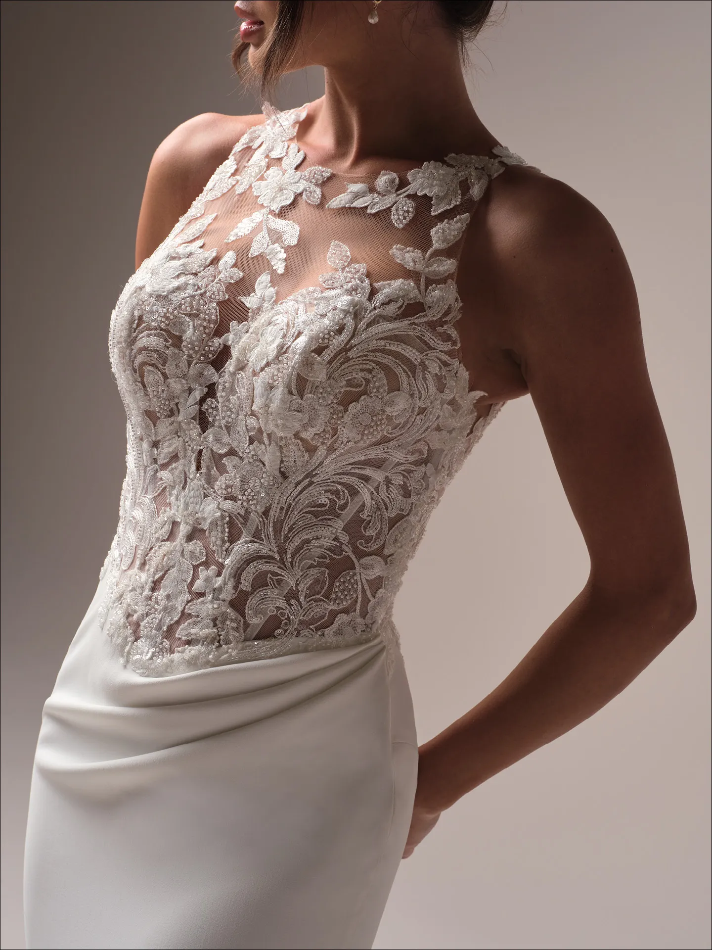 Maggie Sottero Florentina gown front view, lace bodice with halter neck