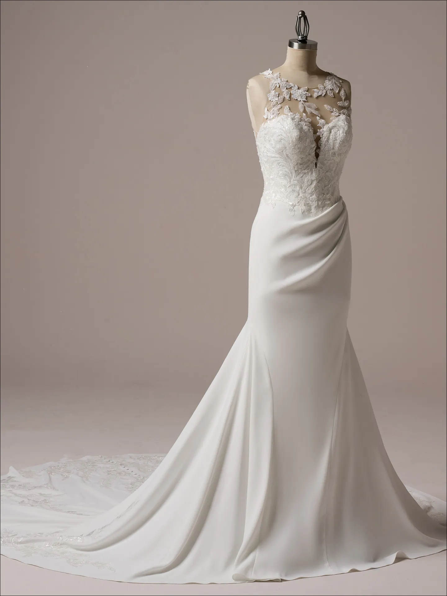 Maggie Sottero Florentina front view; halter neck lace fit-and-flare wedding gown