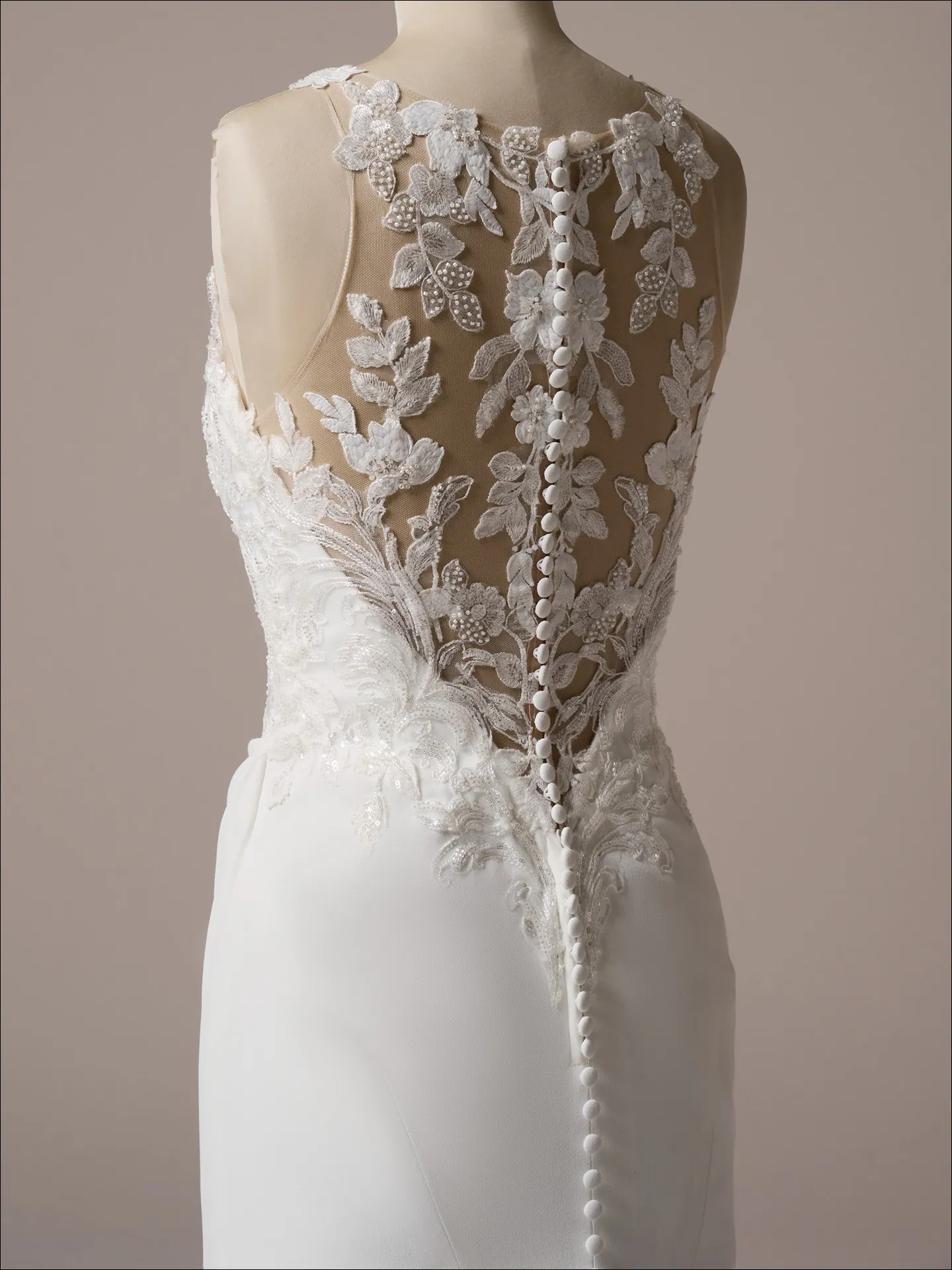 Maggie Sottero Florentina back view lace crepe fit-and-flare gown with button detail
