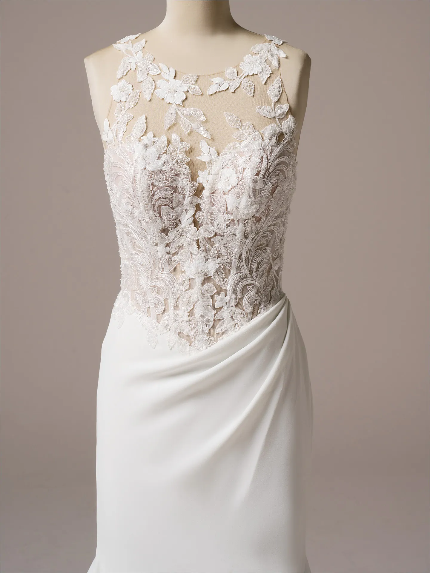Maggie Sottero Florentina front view lace crepe fit-and-flare wedding gown