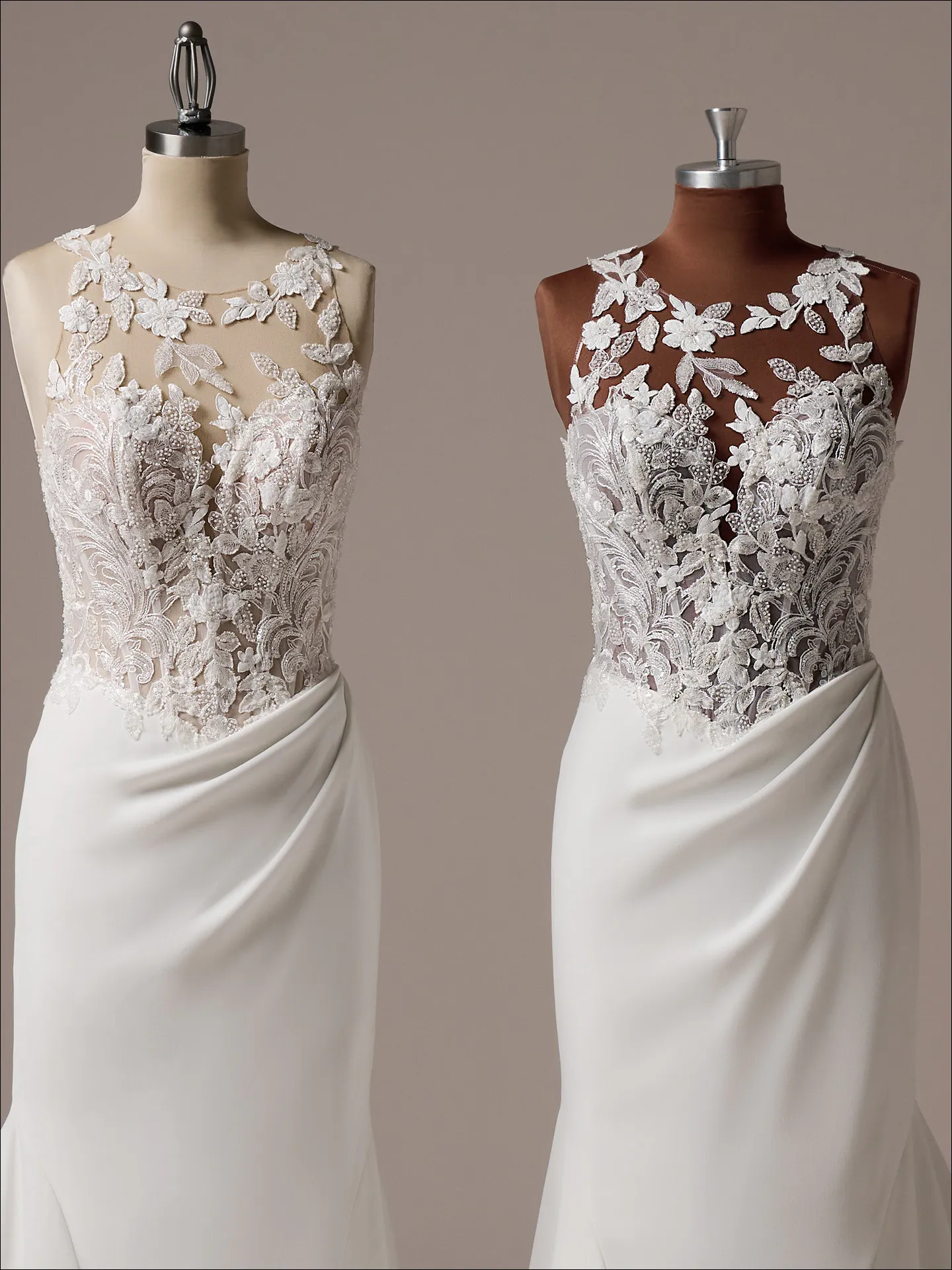 Maggie Sottero Florentina front view halter neck lace wedding gown on display mannequin