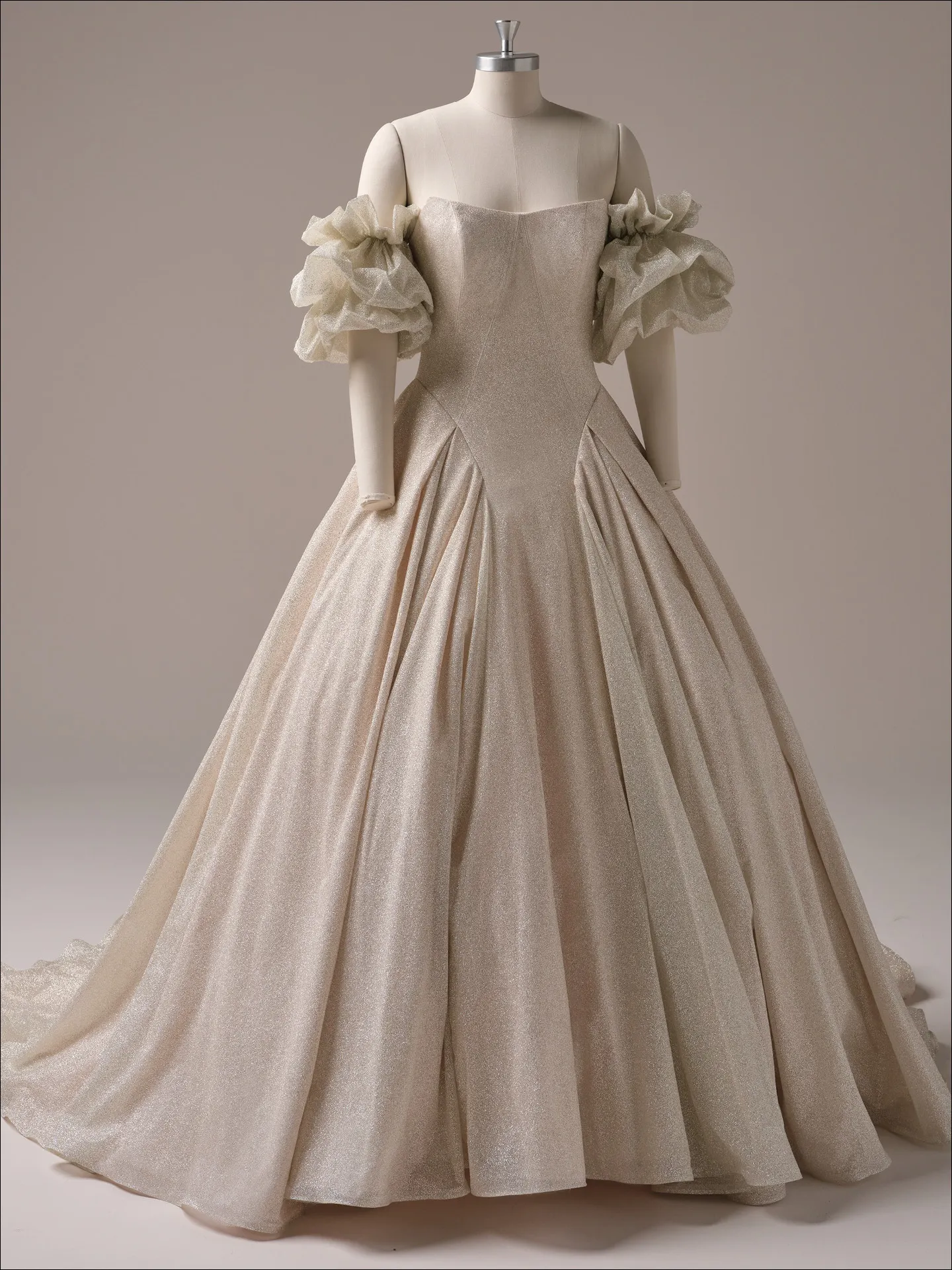 Maggie Sottero Fortune Royale front view sparkly ballgown dress with ruffled sleeves