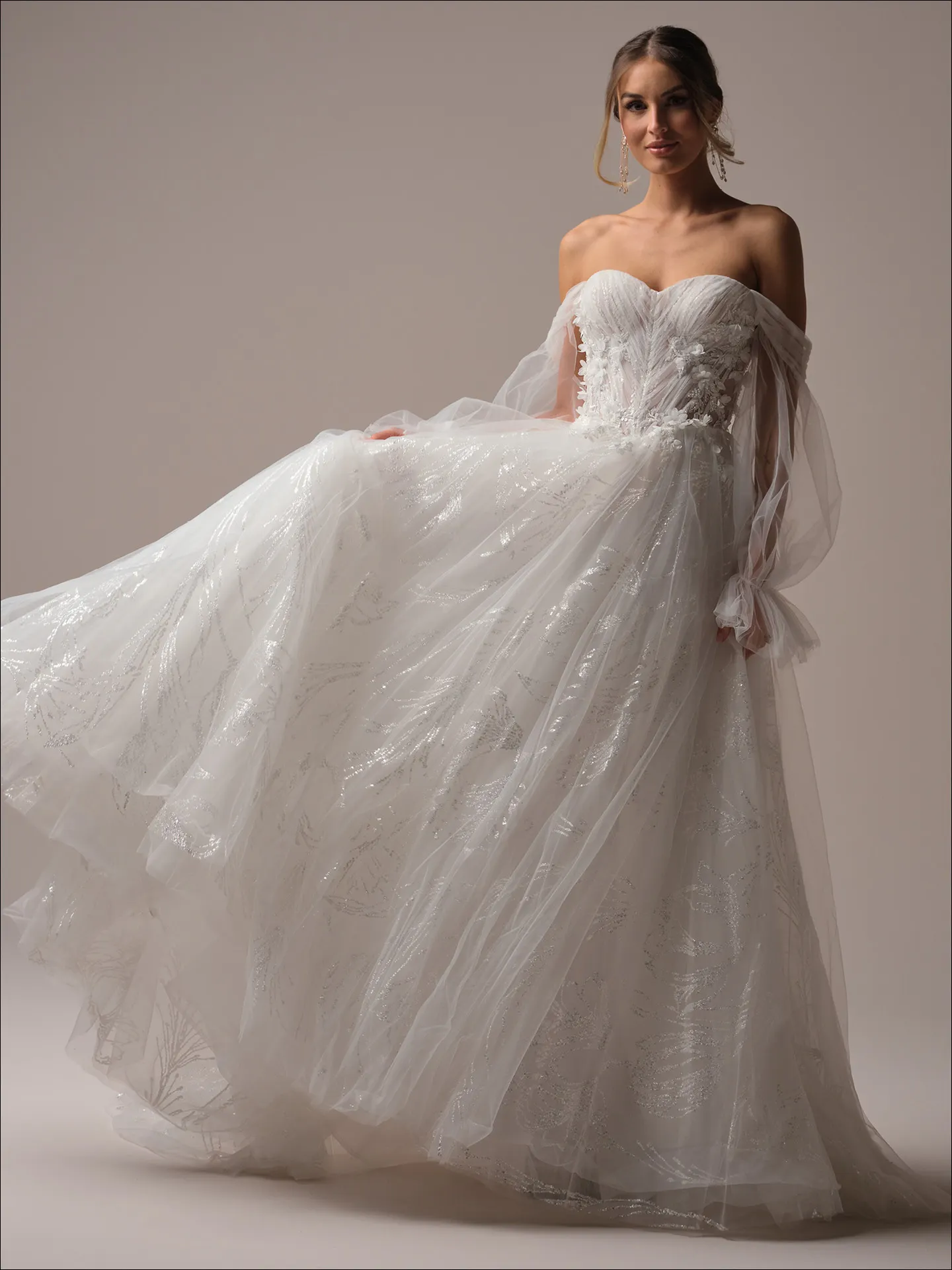 Maggie Sottero Ireland A line wedding dress front view with lace detail and full skirt