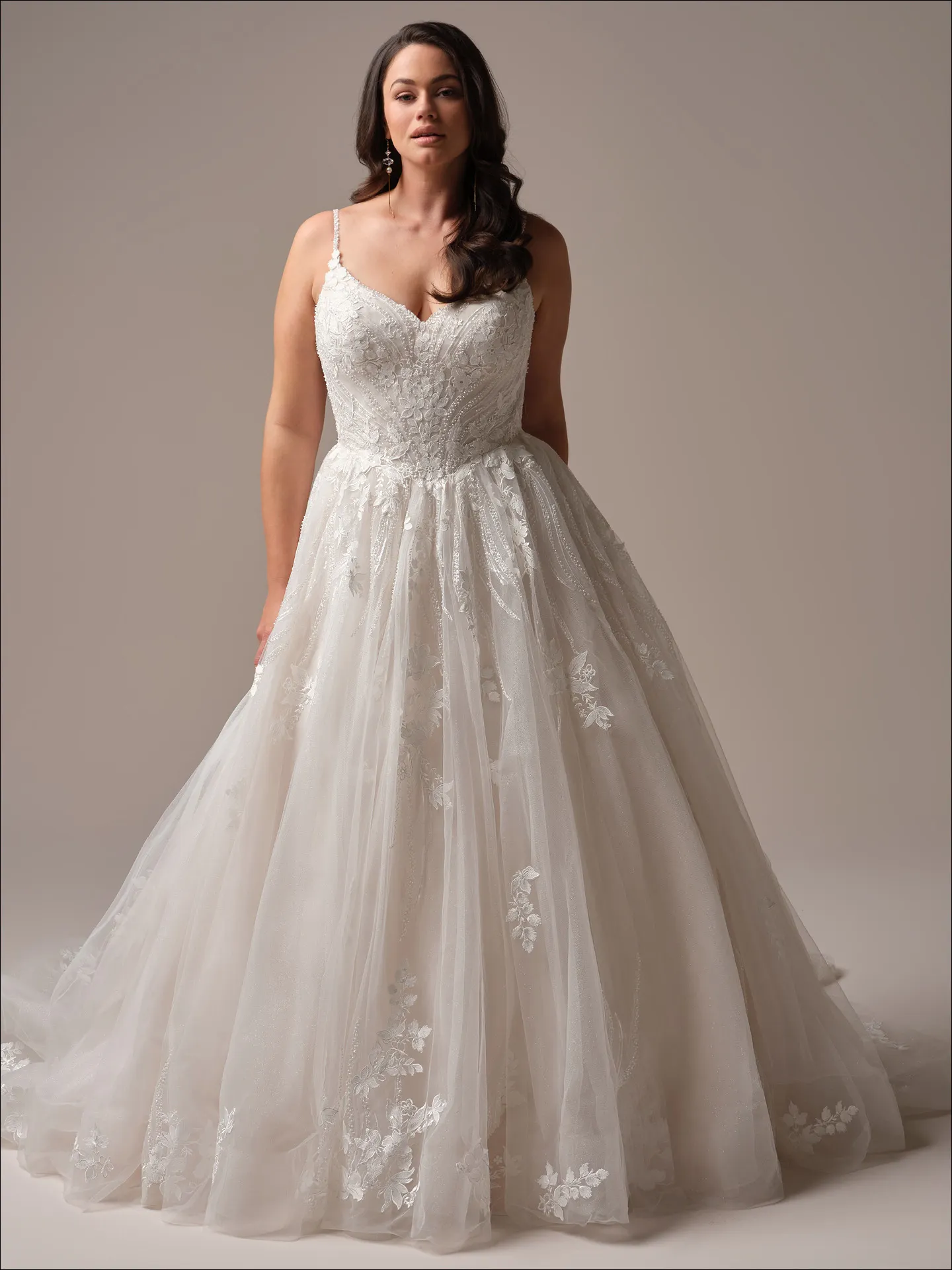 Maggie Sottero Juneau ballgown wedding dress side profile with full tulle skirt
