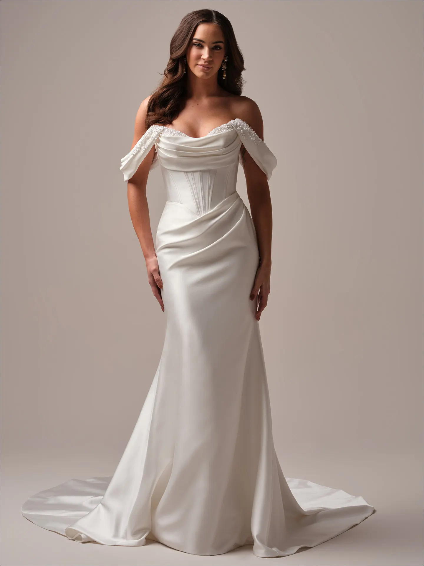 Maggie Sottero Melissa fit and flare wedding dress front view with lace bodice