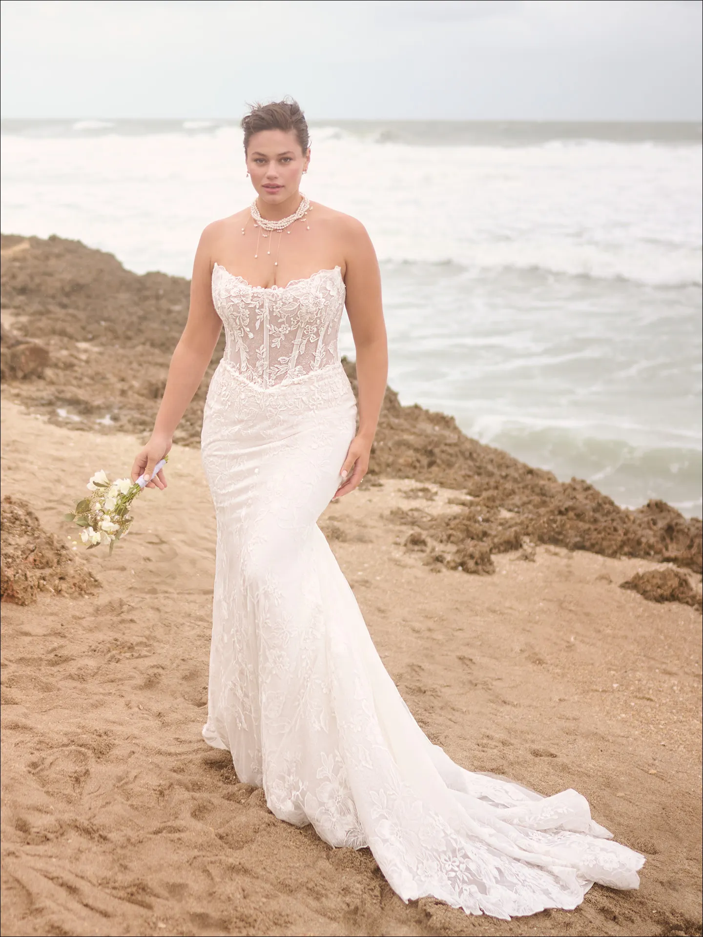 Maggie Sottero Meredith fit and flare wedding dress front view curve with lace bodice
