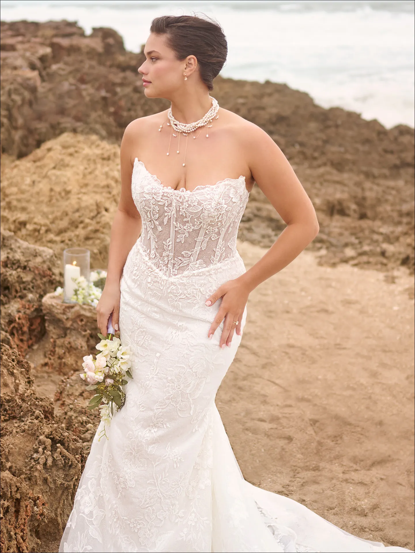 Maggie Sottero Meredith fit and flare wedding dress side view curve with fitted silhouette