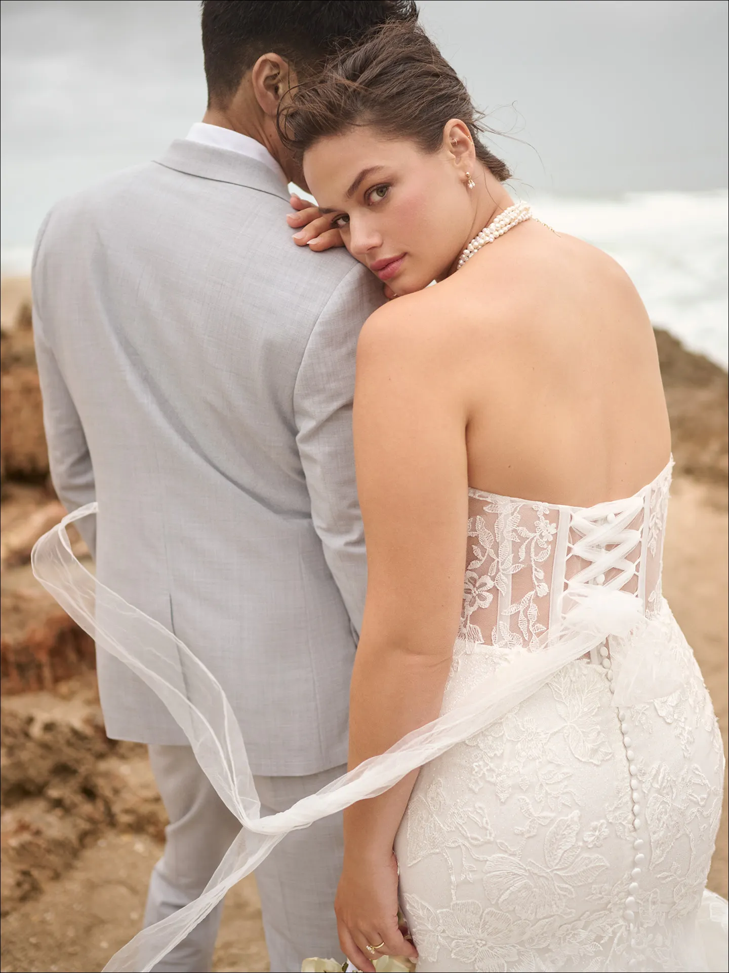 Maggie Sottero Meredith fit and flare wedding dress back view curve with lace train
