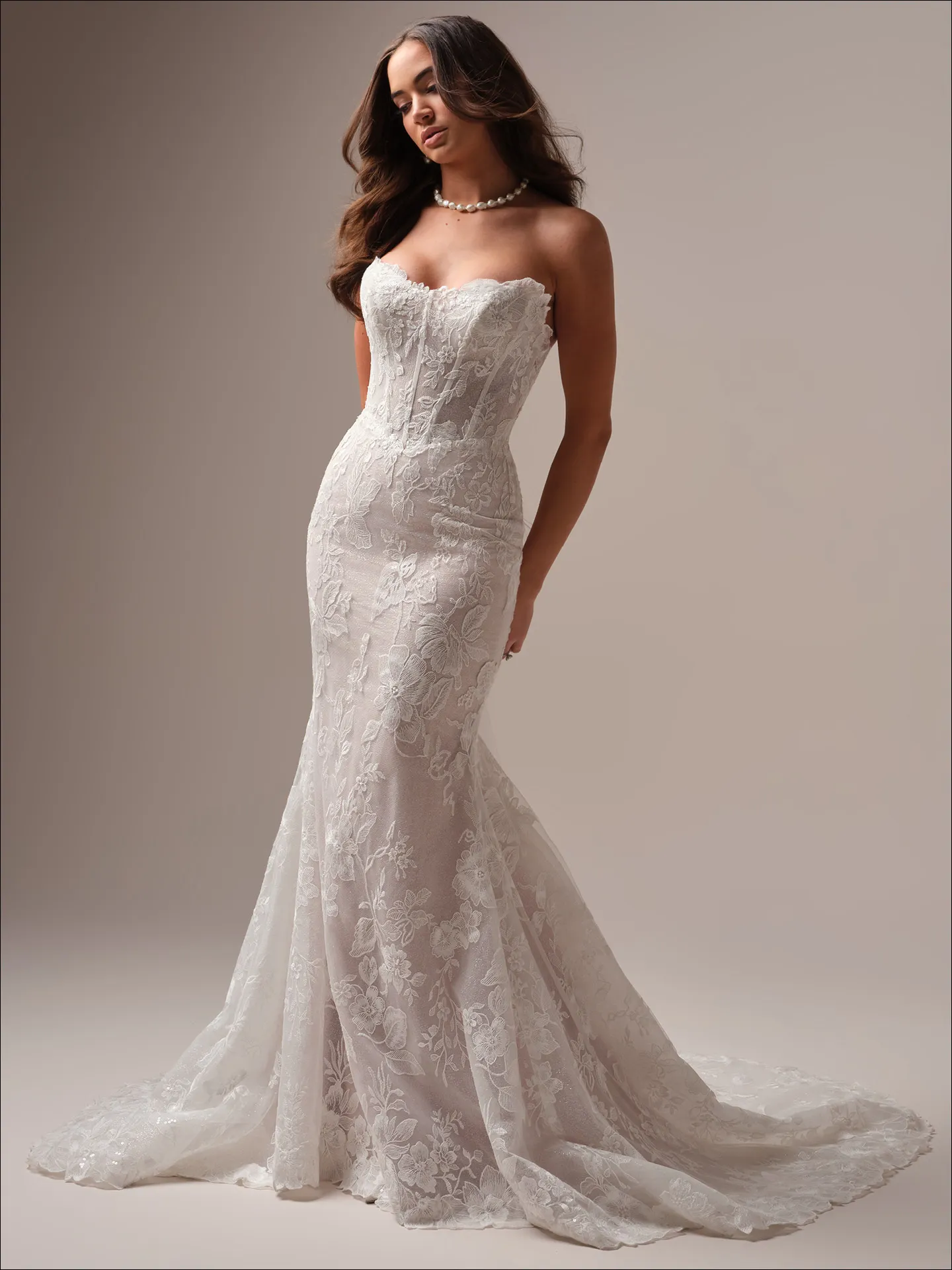 Maggie Sottero Meredith fit and flare wedding dress front view with lace bodice