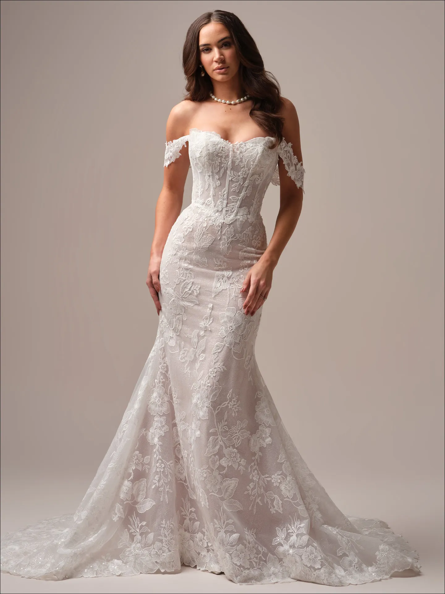 Maggie Sottero Meredith fit and flare wedding dress back view with long lace train