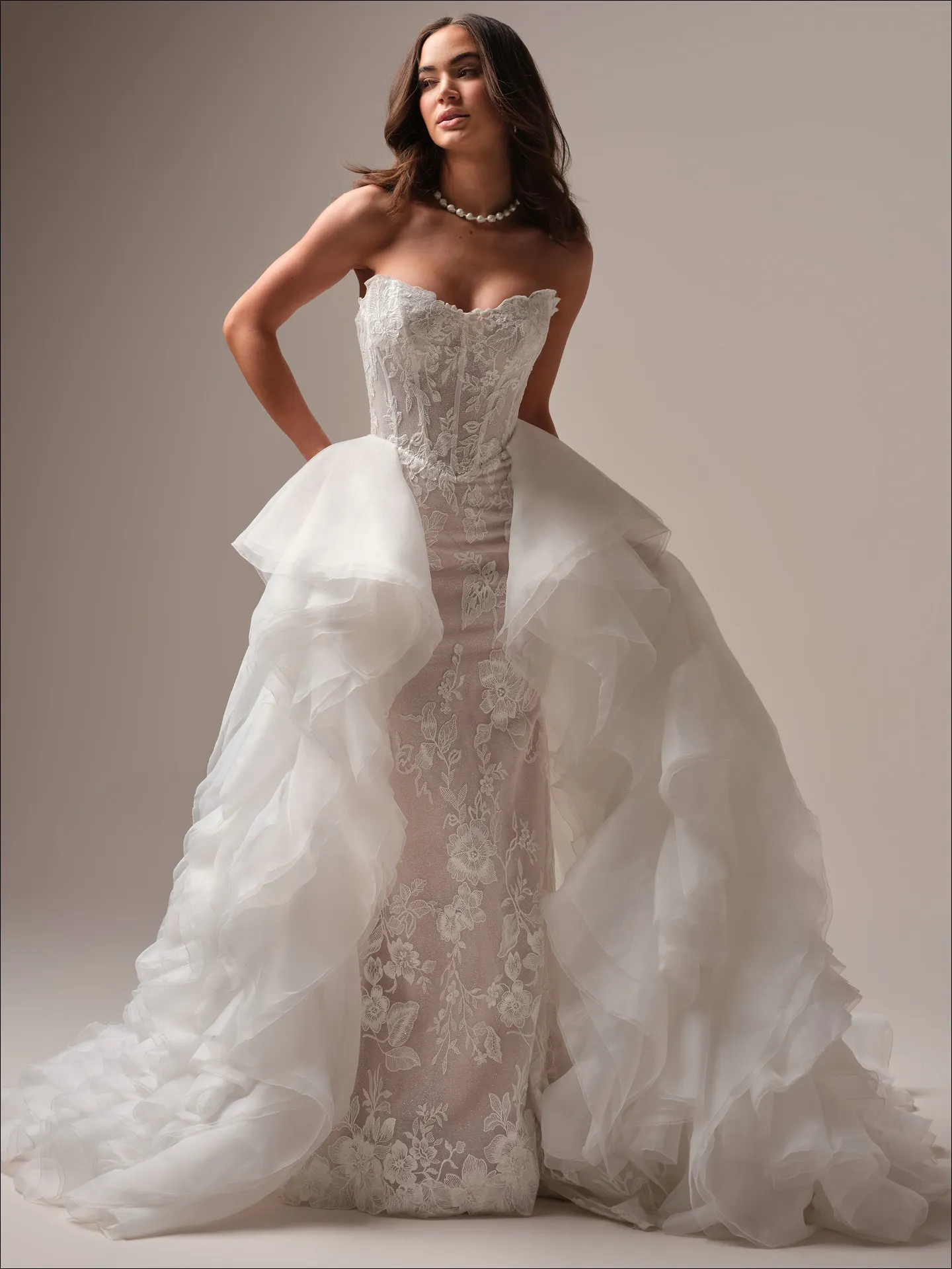 Maggie Sottero Meredith fit and flare wedding dress side angle with sculpted silhouette