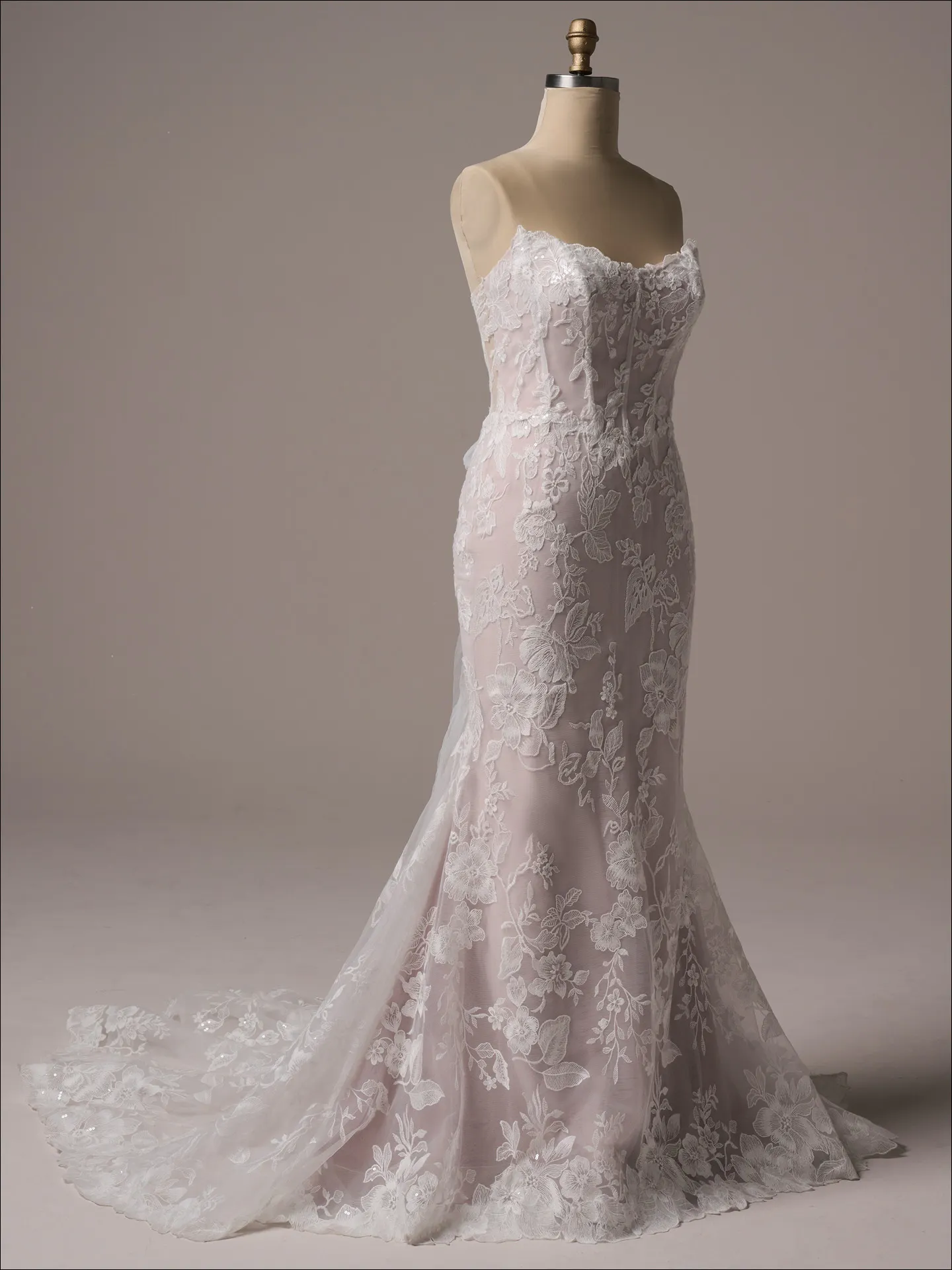 Maggie Sottero Meredith fit and flare wedding dress side view with contoured fit