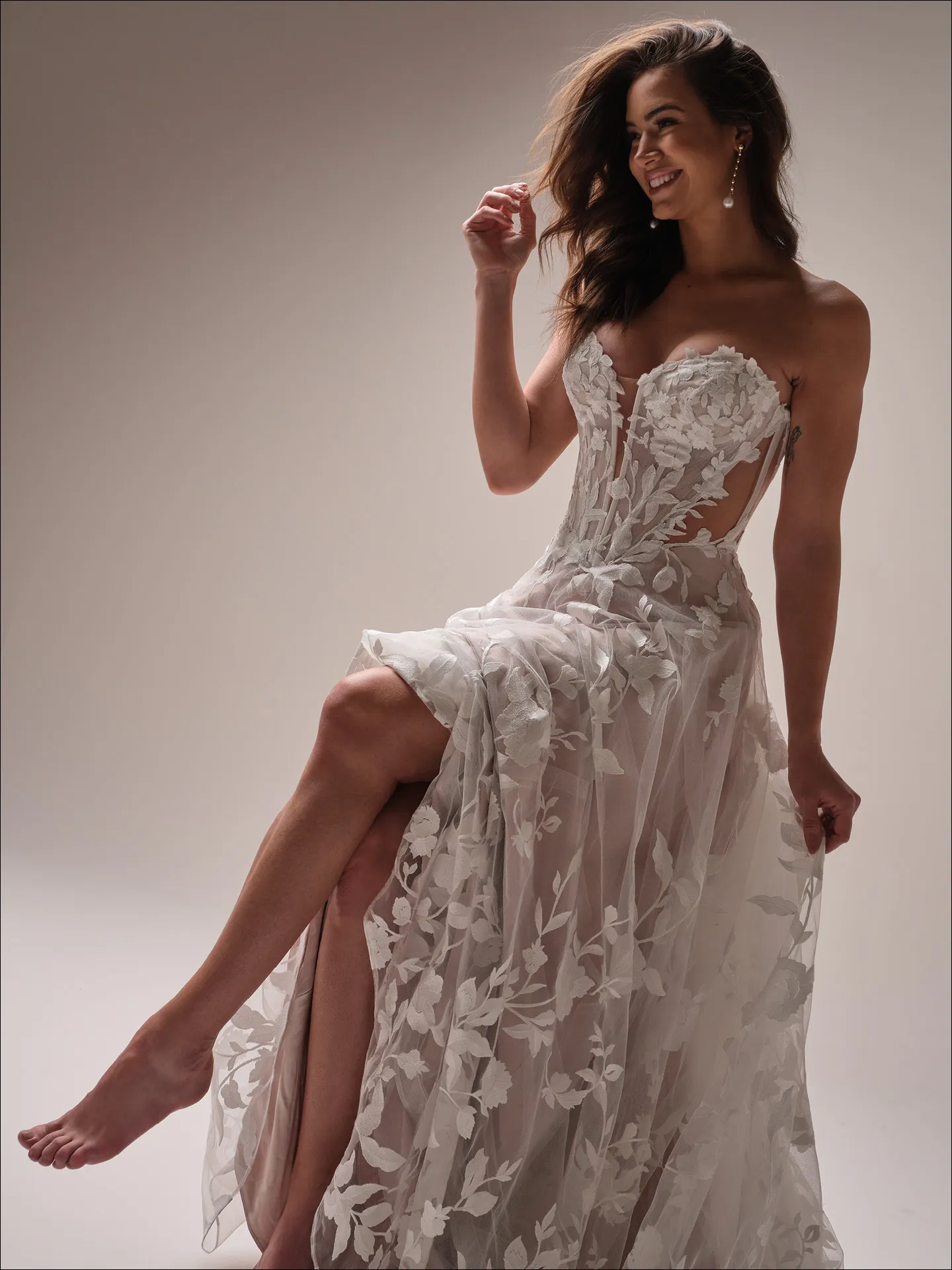 Maggie Sottero Natalie A line wedding dress front view with lace bodice and skirt