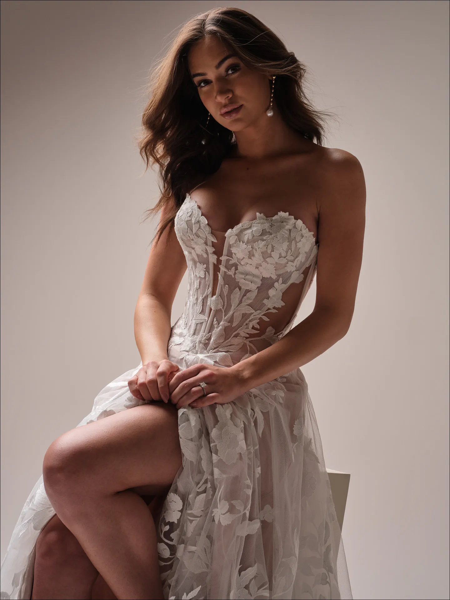 Maggie Sottero Natalie A line wedding dress side view with flowing skirt