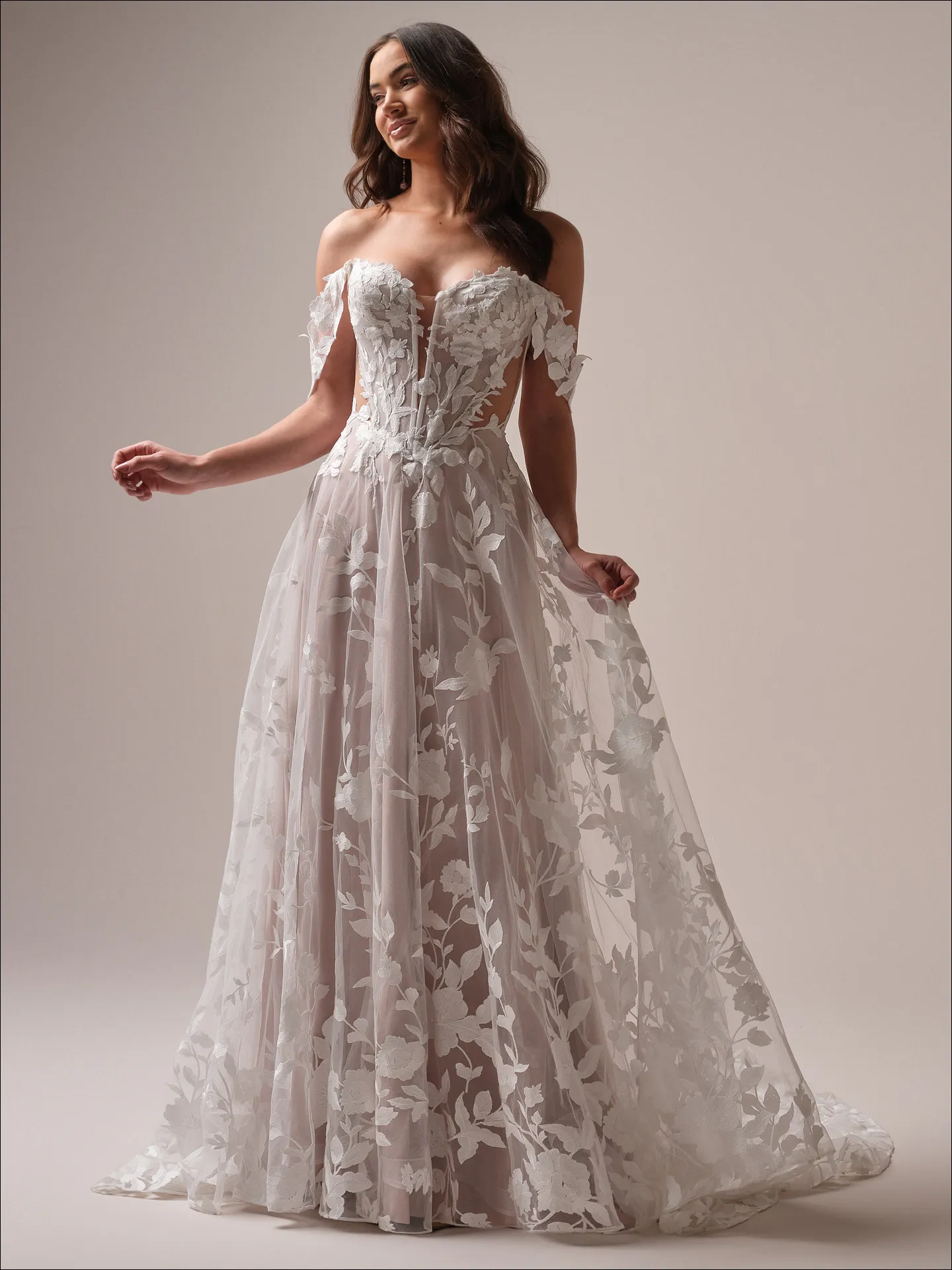 Maggie Sottero Natalie A line wedding dress back view with long tulle train