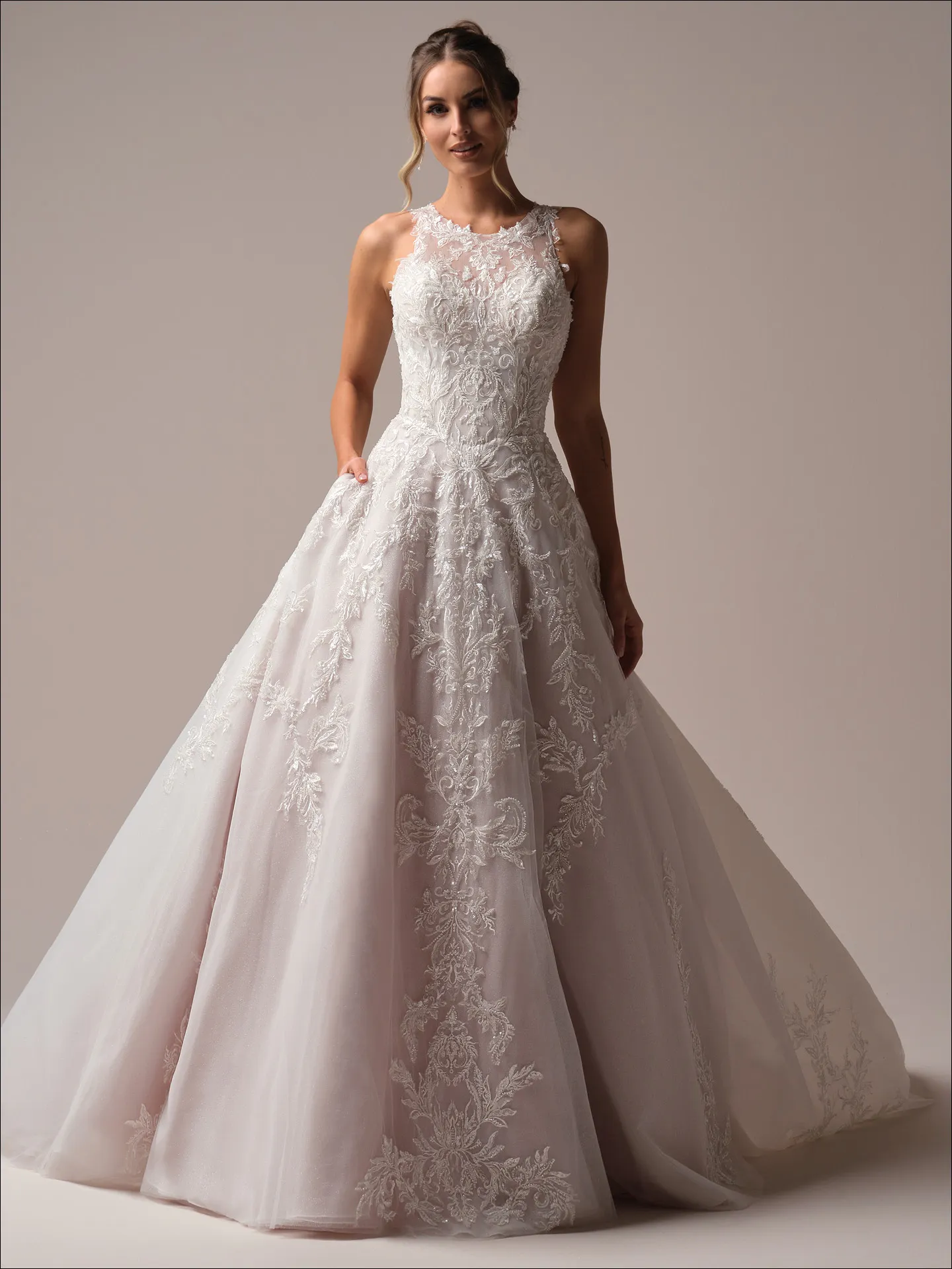 Maggie Sottero Nina A line wedding dress front view with lace bodice and soft skirt