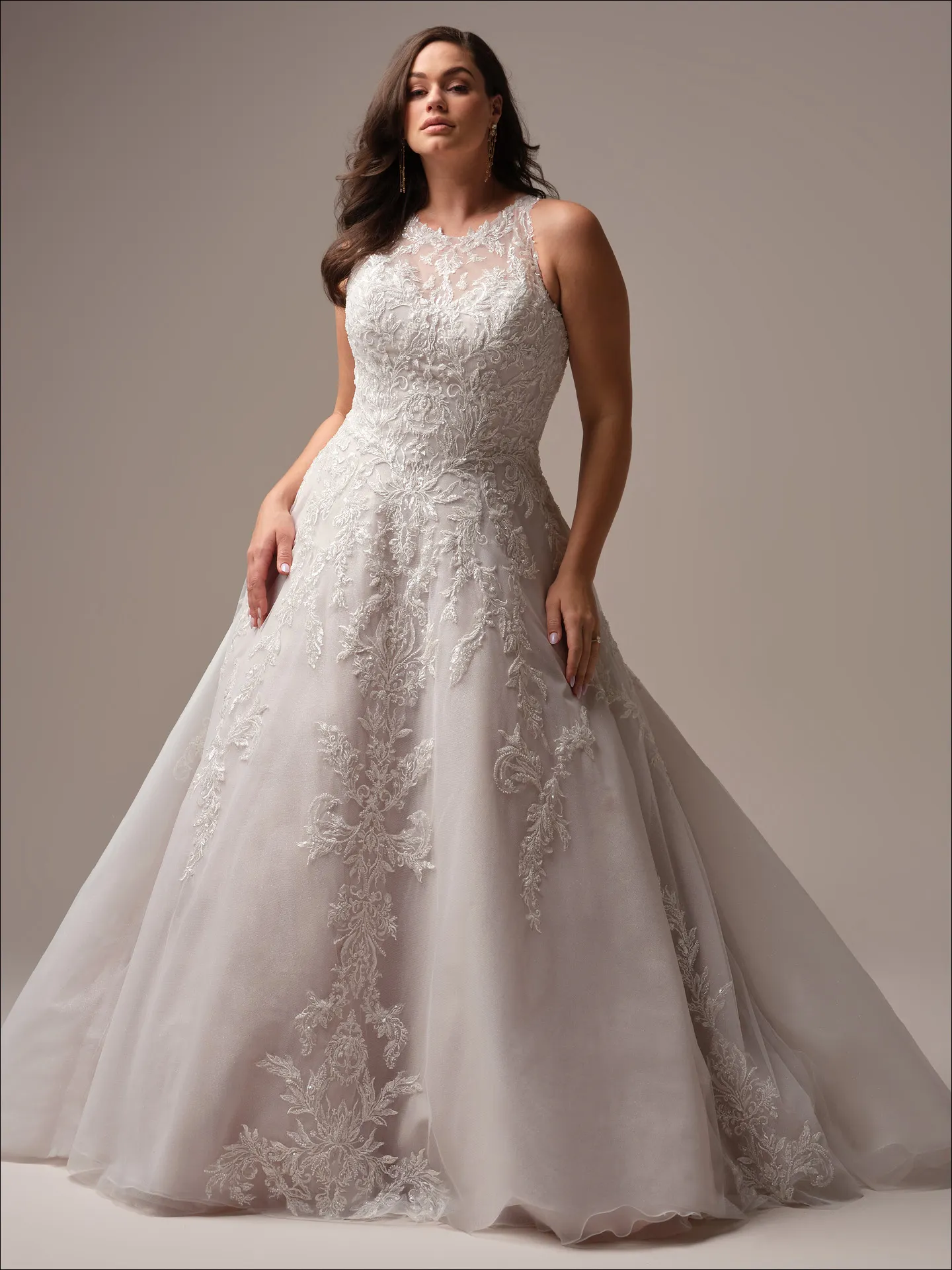 Maggie Sottero Nina A line wedding dress front view curve with lace bodice and skirt