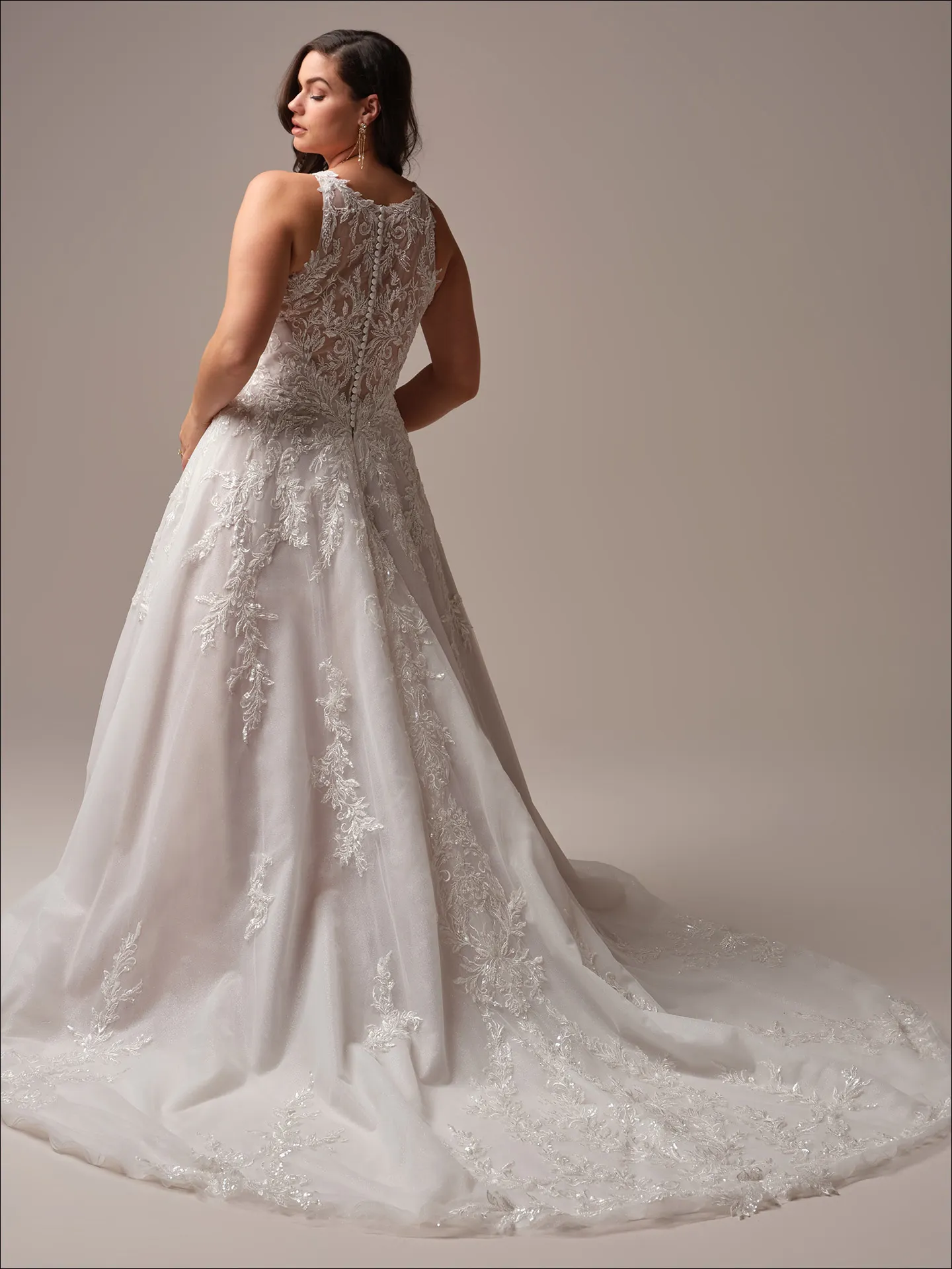 Maggie Sottero Nina A line wedding dress back view curve with long train