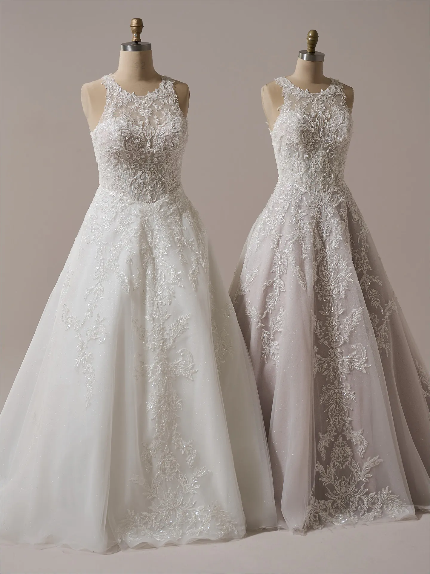 Maggie Sottero Nina A line wedding dress front view in blush tone tulle