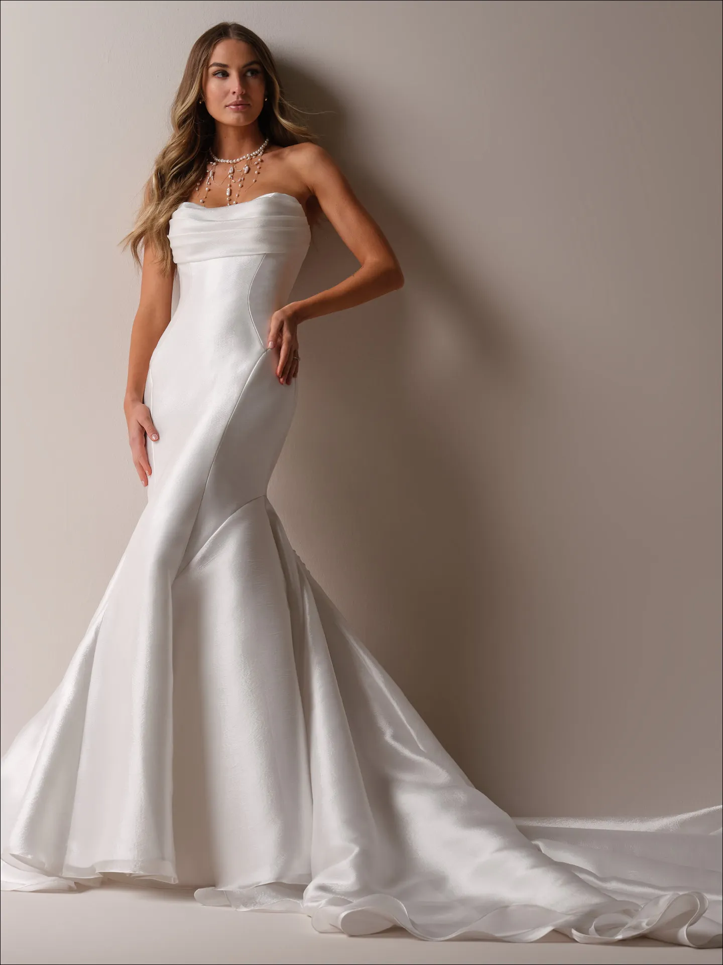 Maggie Sottero Odette Marie fit and flare wedding dress front view with lace bodice