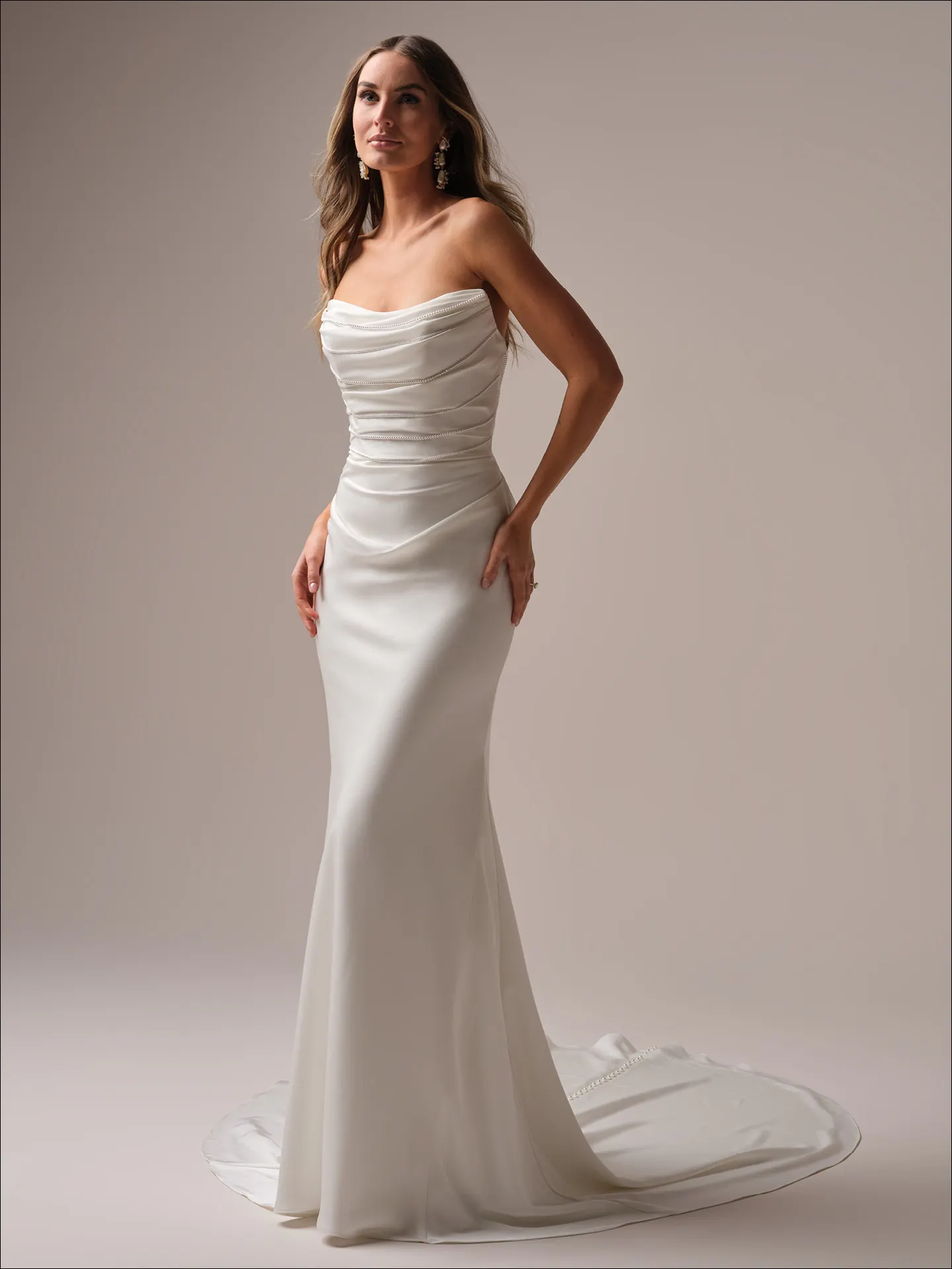 Maggie Sottero Rhoda sheath wedding dress front view with fitted silhouette