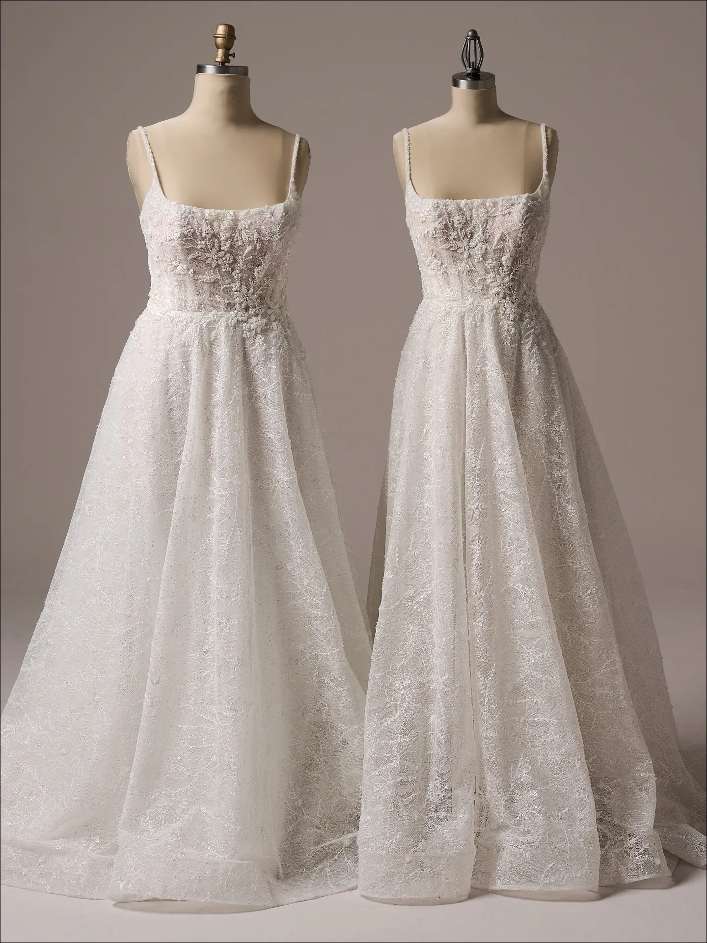 Maggie Sottero Salvadora A line wedding dress front view in blush tone tulle