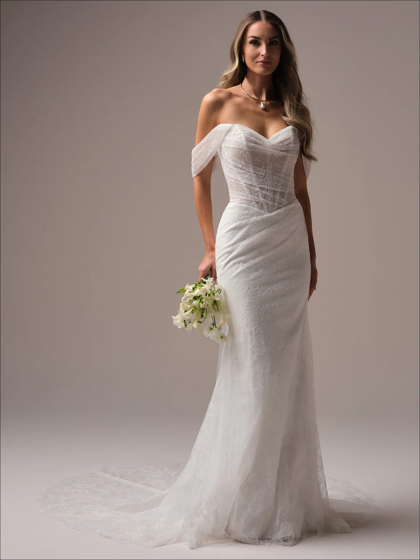 Maggie Sottero Sasha sheath wedding dress front view with fitted silhouette