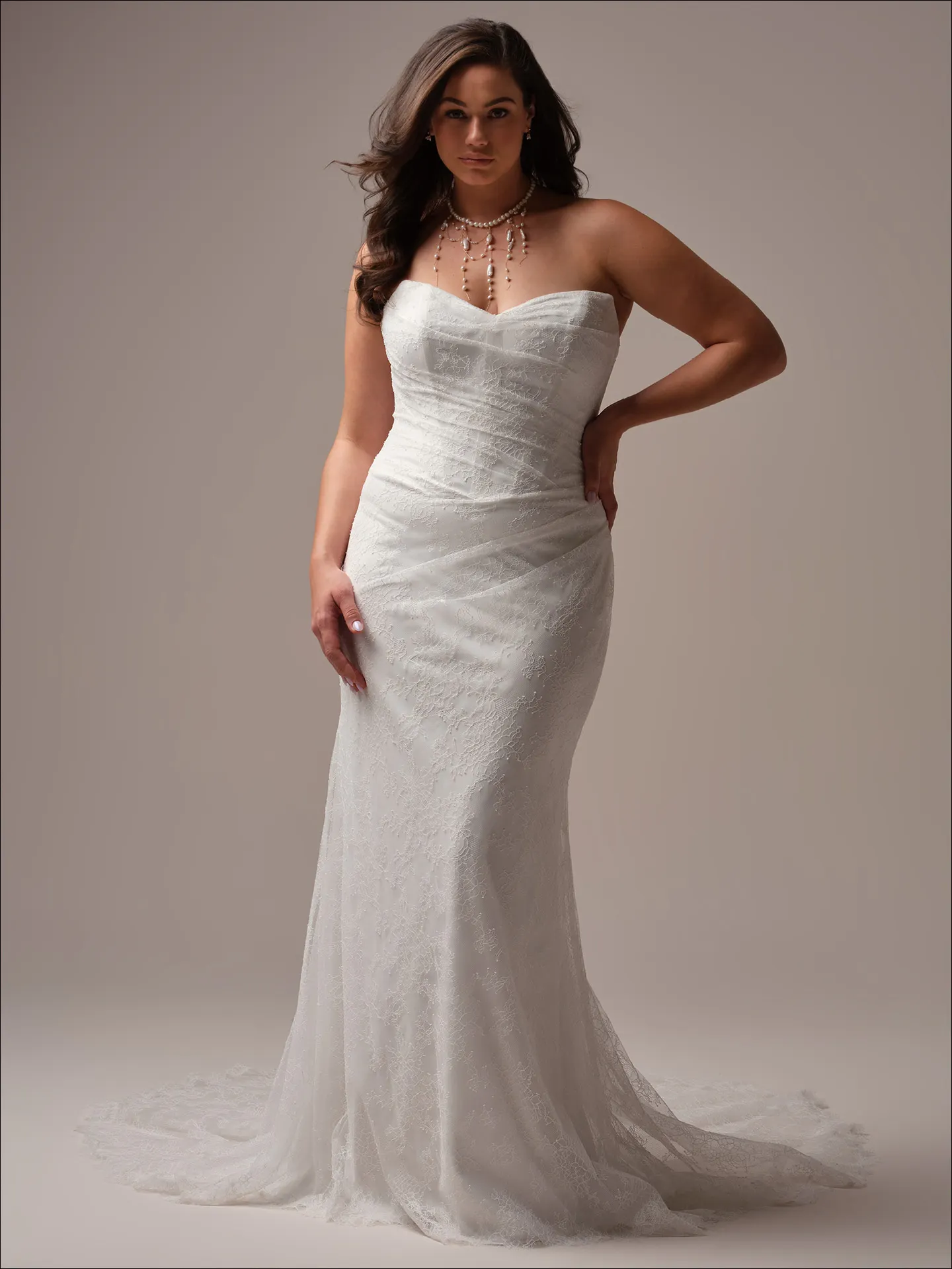Maggie Sottero Sasha sheath wedding dress front view curve with fitted silhouette