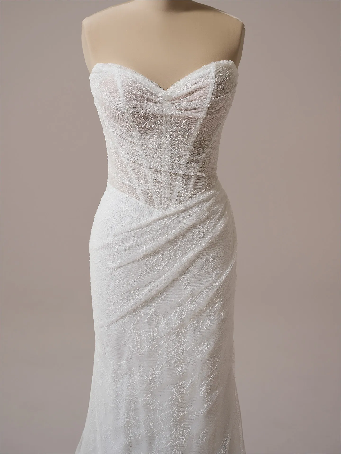 Maggie Sottero Sasha sheath wedding dress front view in ivory tone fitted silhouette